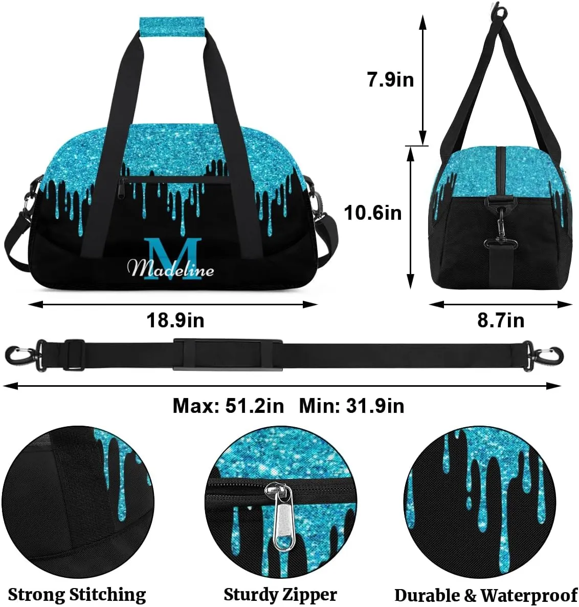 Personalized Kids Sports Duffel Bag with Name Custom Weekender Overnight Bag for Boys Girls Gym Bag Travel Dance Gymnastics Duffel Bag, Blue Shiny