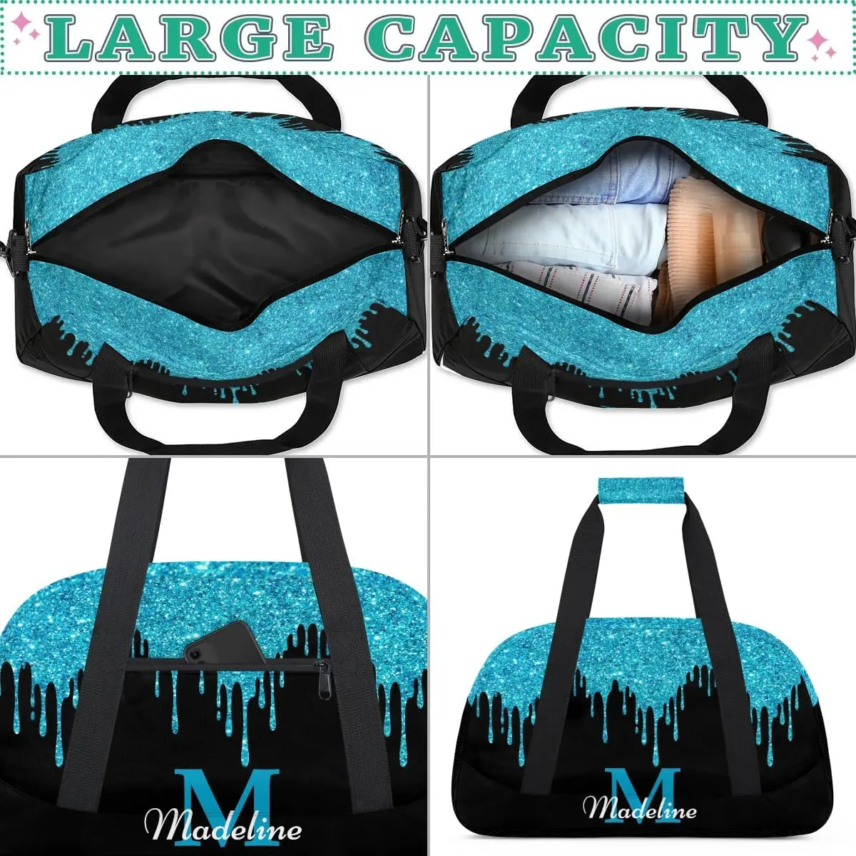 Personalized Kids Sports Duffel Bag with Name Custom Weekender Overnight Bag for Boys Girls Gym Bag Travel Dance Gymnastics Duffel Bag, Blue Shiny