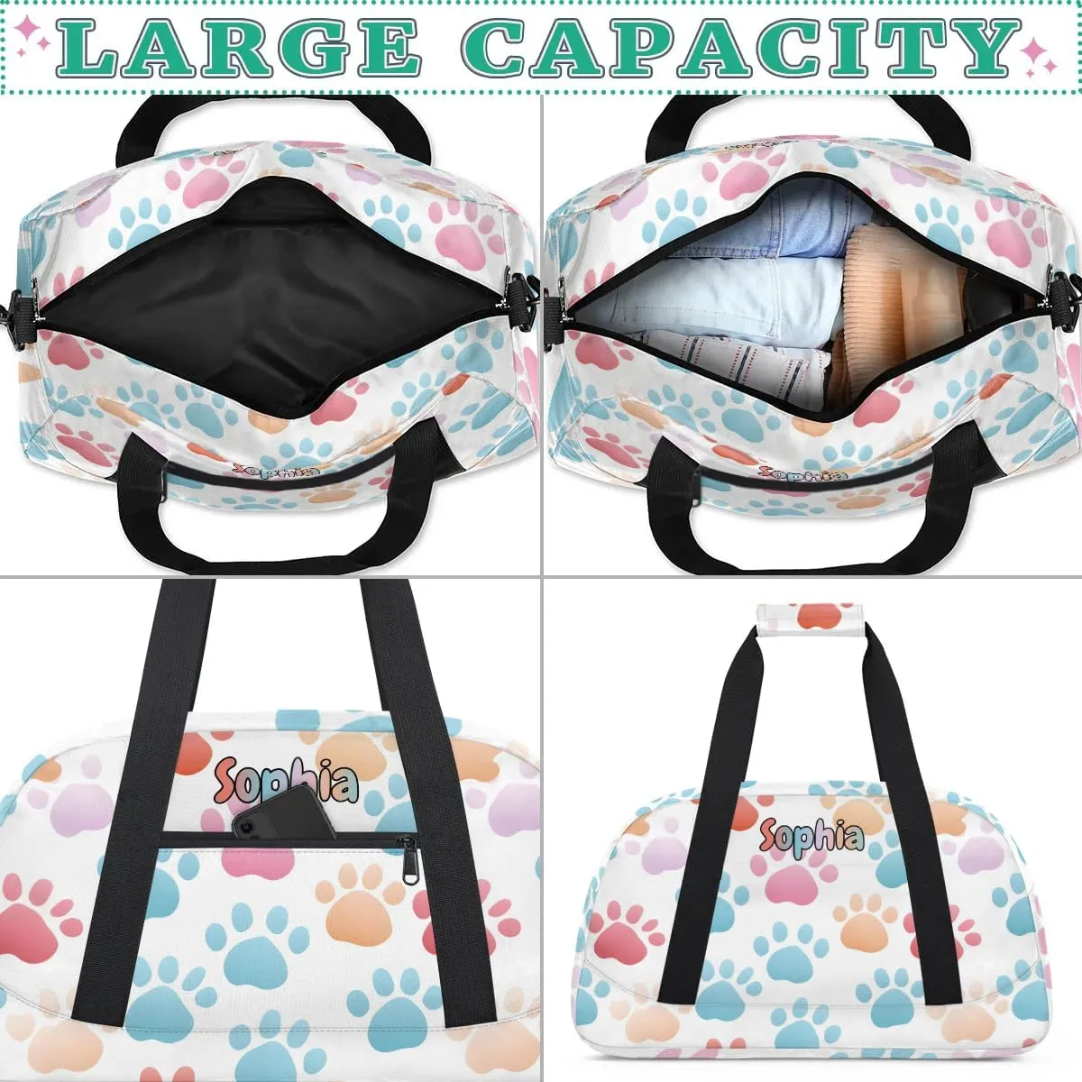 Personalized Kids Sports Duffel Bag with Name Custom Weekender Overnight Bag for Boys Girls Gym Bag Travel Dance Gymnastics Duffel Bag, Colorful Dog Paw Print