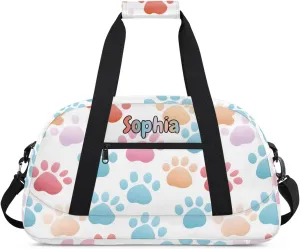 Personalized Kids Sports Duffel Bag with Name Custom Weekender Overnight Bag for Boys Girls Gym Bag Travel Dance Gymnastics Duffel Bag, Colorful Dog Paw Print