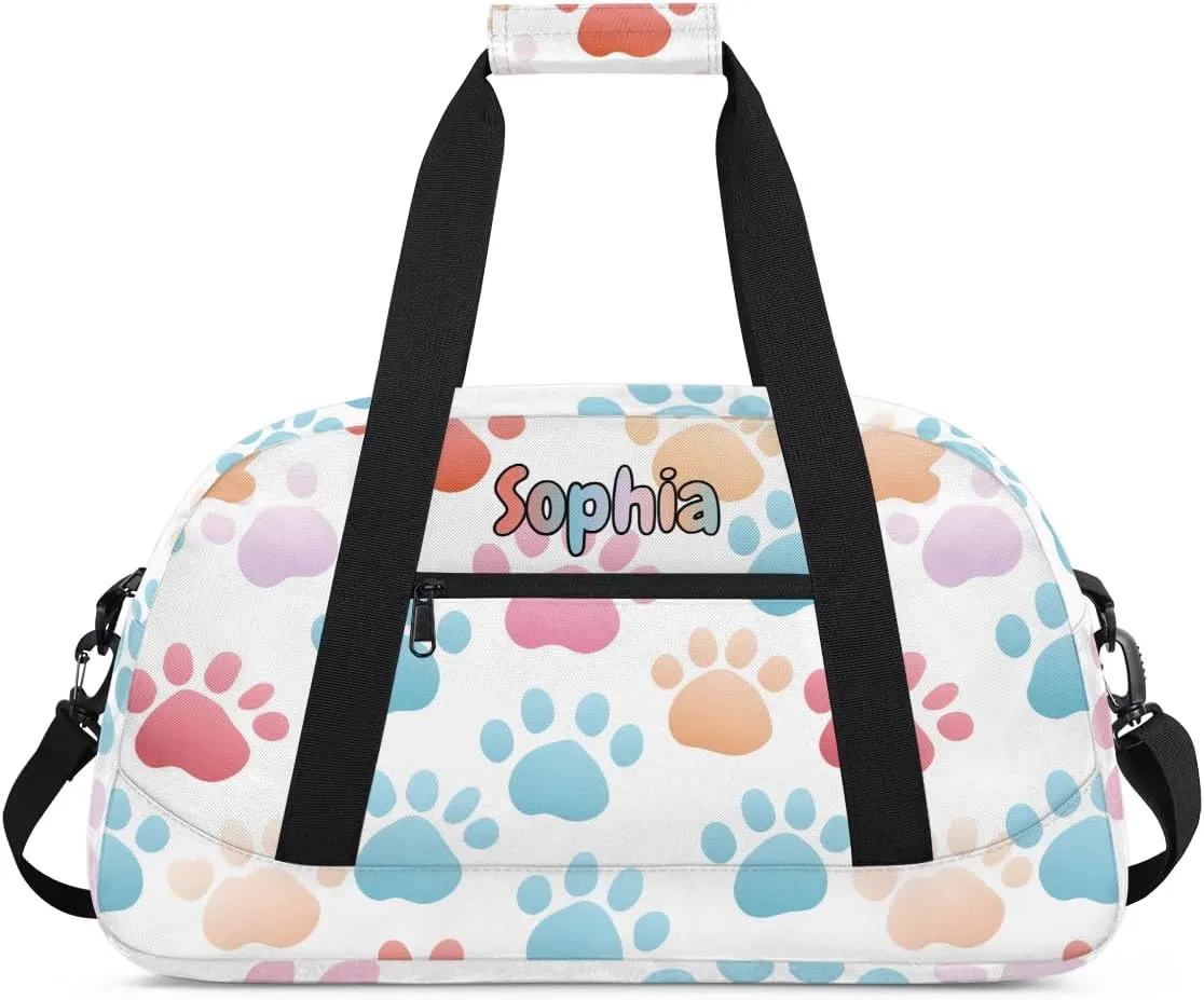 Personalized Kids Sports Duffel Bag with Name Custom Weekender Overnight Bag for Boys Girls Gym Bag Travel Dance Gymnastics Duffel Bag, Colorful Dog Paw Print