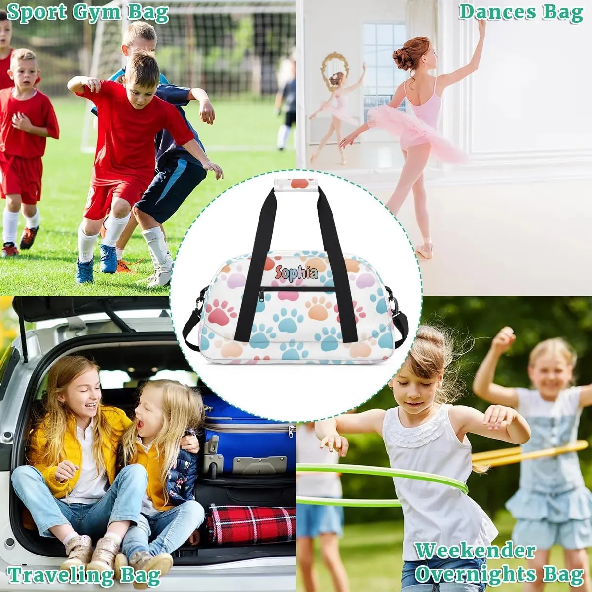 Personalized Kids Sports Duffel Bag with Name Custom Weekender Overnight Bag for Boys Girls Gym Bag Travel Dance Gymnastics Duffel Bag, Colorful Dog Paw Print