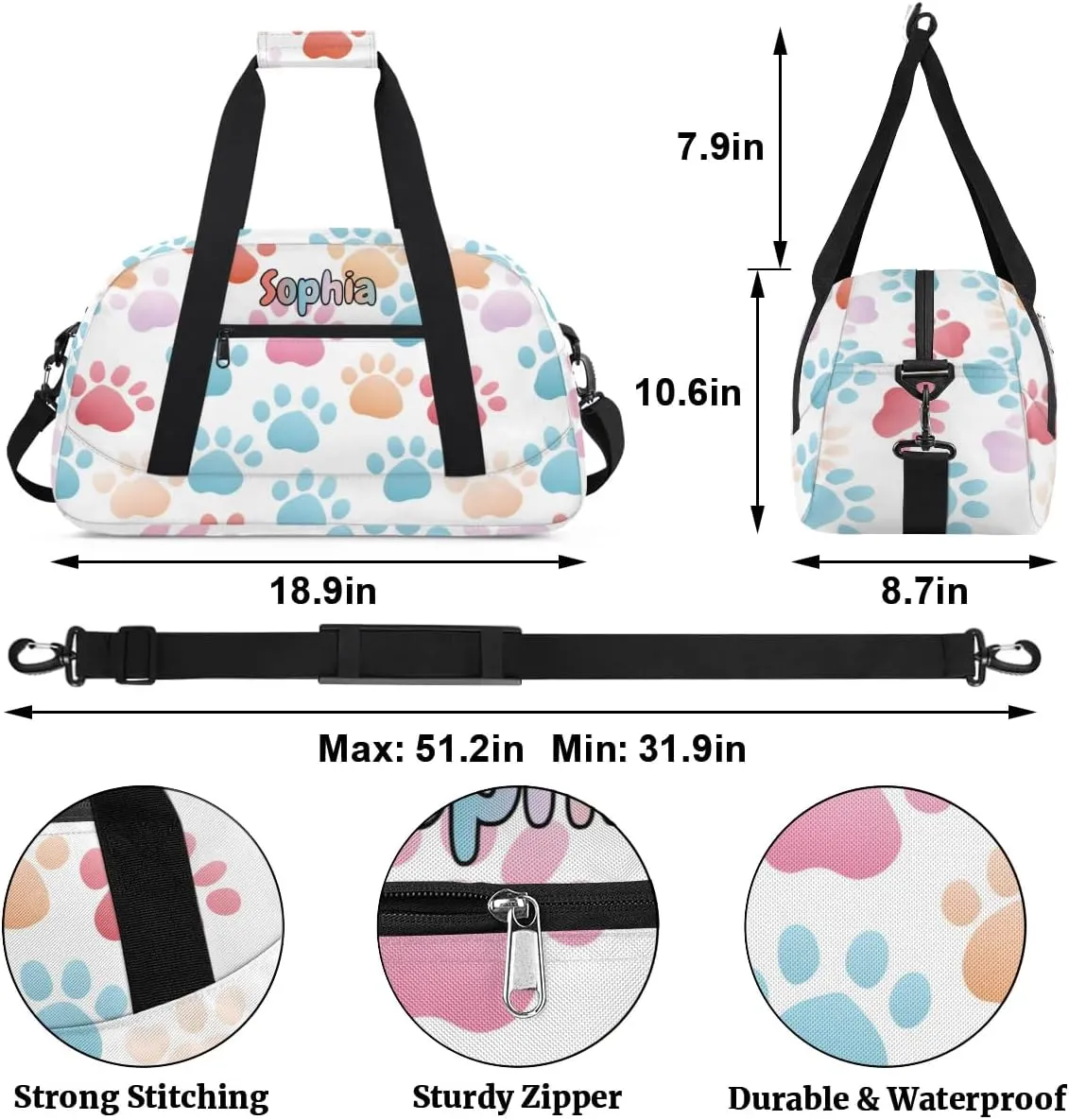 Personalized Kids Sports Duffel Bag with Name Custom Weekender Overnight Bag for Boys Girls Gym Bag Travel Dance Gymnastics Duffel Bag, Colorful Dog Paw Print