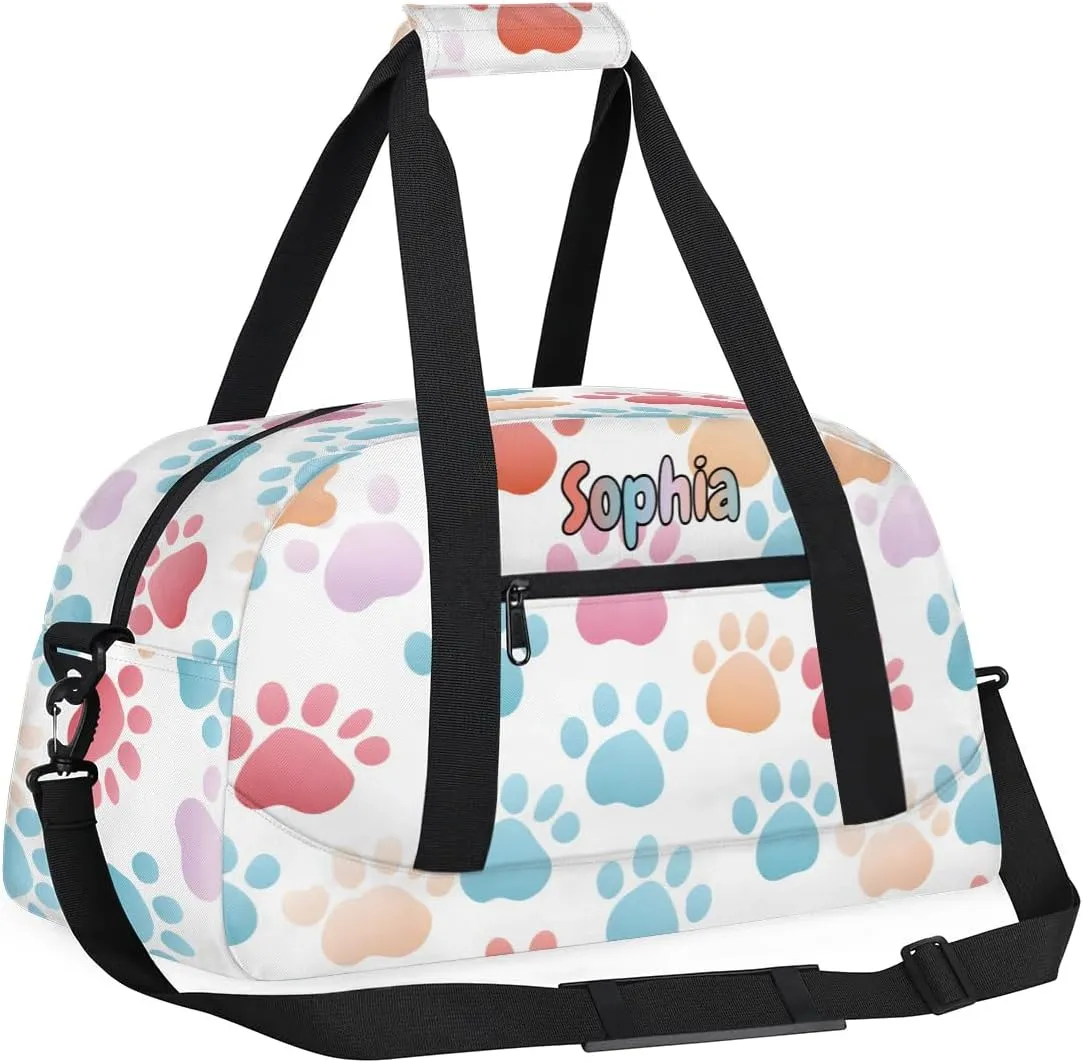 Personalized Kids Sports Duffel Bag with Name Custom Weekender Overnight Bag for Boys Girls Gym Bag Travel Dance Gymnastics Duffel Bag, Colorful Dog Paw Print