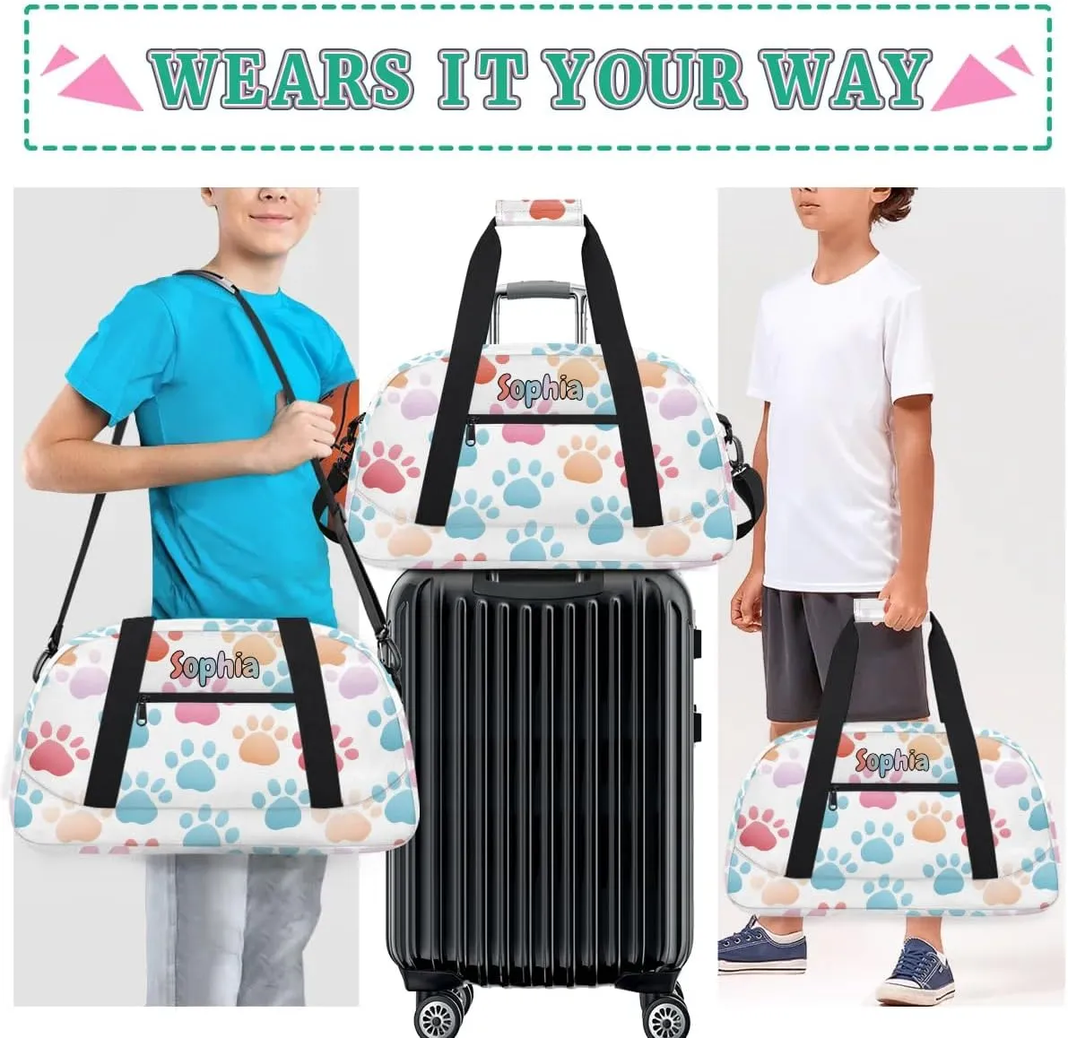 Personalized Kids Sports Duffel Bag with Name Custom Weekender Overnight Bag for Boys Girls Gym Bag Travel Dance Gymnastics Duffel Bag, Colorful Dog Paw Print