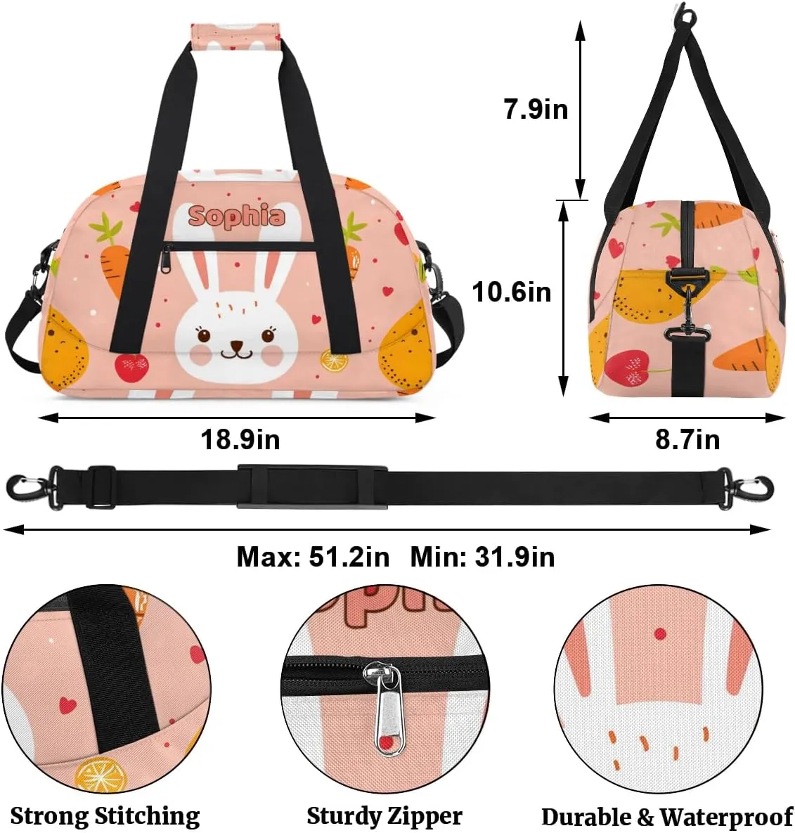 Personalized Kids Sports Duffel Bag with Name Custom Weekender Overnight Bag for Boys Girls Gym Bag Travel Dance Gymnastics Duffel Bag, Cute Rabbit Carrot