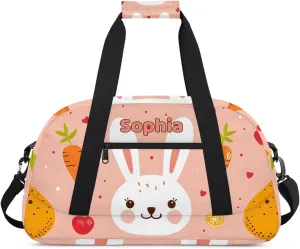 Personalized Kids Sports Duffel Bag with Name Custom Weekender Overnight Bag for Boys Girls Gym Bag Travel Dance Gymnastics Duffel Bag, Cute Rabbit Carrot