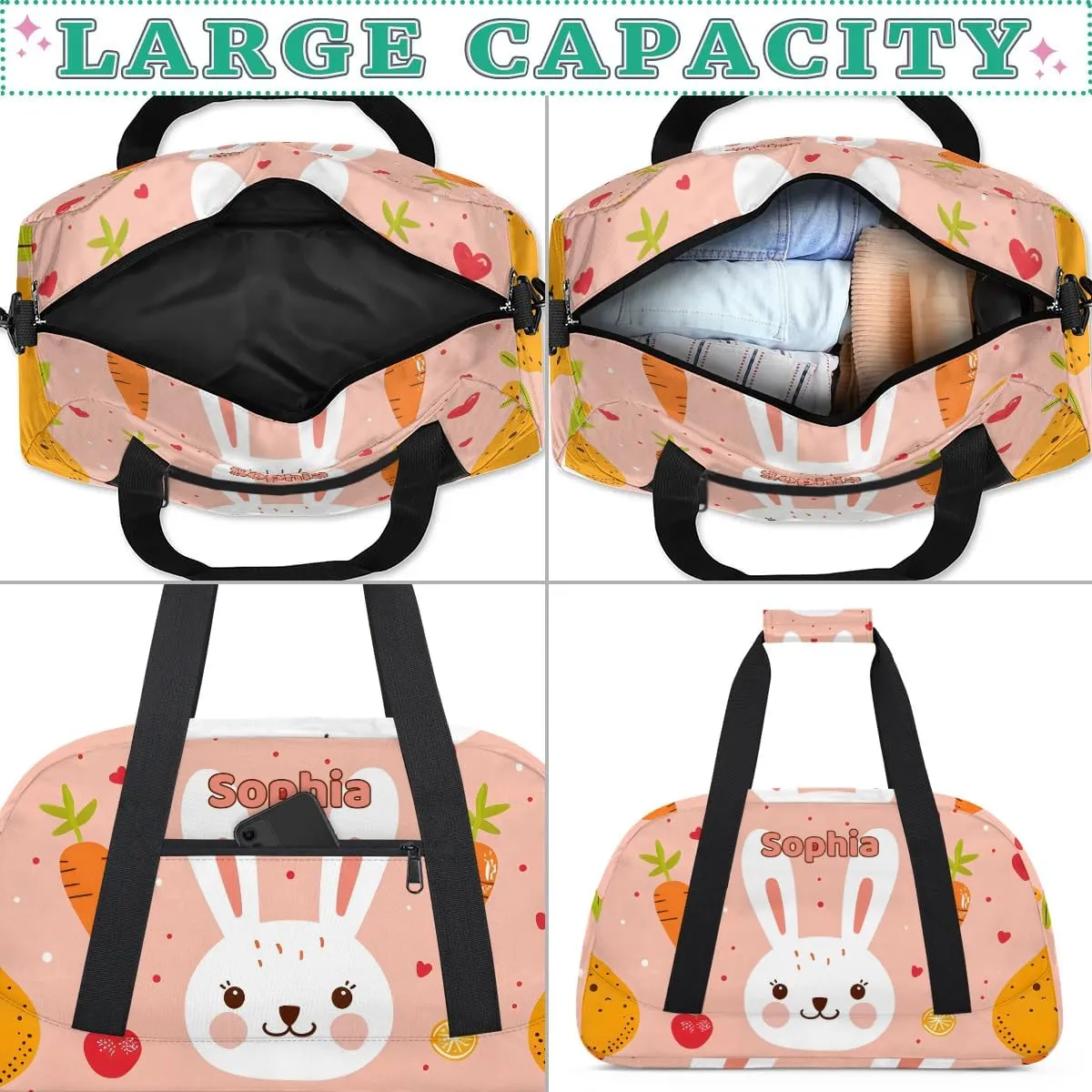 Personalized Kids Sports Duffel Bag with Name Custom Weekender Overnight Bag for Boys Girls Gym Bag Travel Dance Gymnastics Duffel Bag, Cute Rabbit Carrot