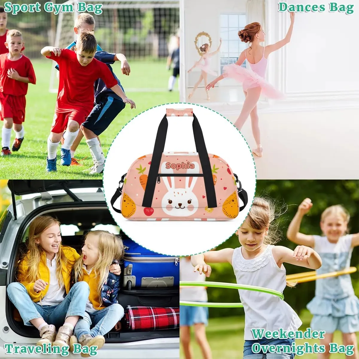 Personalized Kids Sports Duffel Bag with Name Custom Weekender Overnight Bag for Boys Girls Gym Bag Travel Dance Gymnastics Duffel Bag, Cute Rabbit Carrot