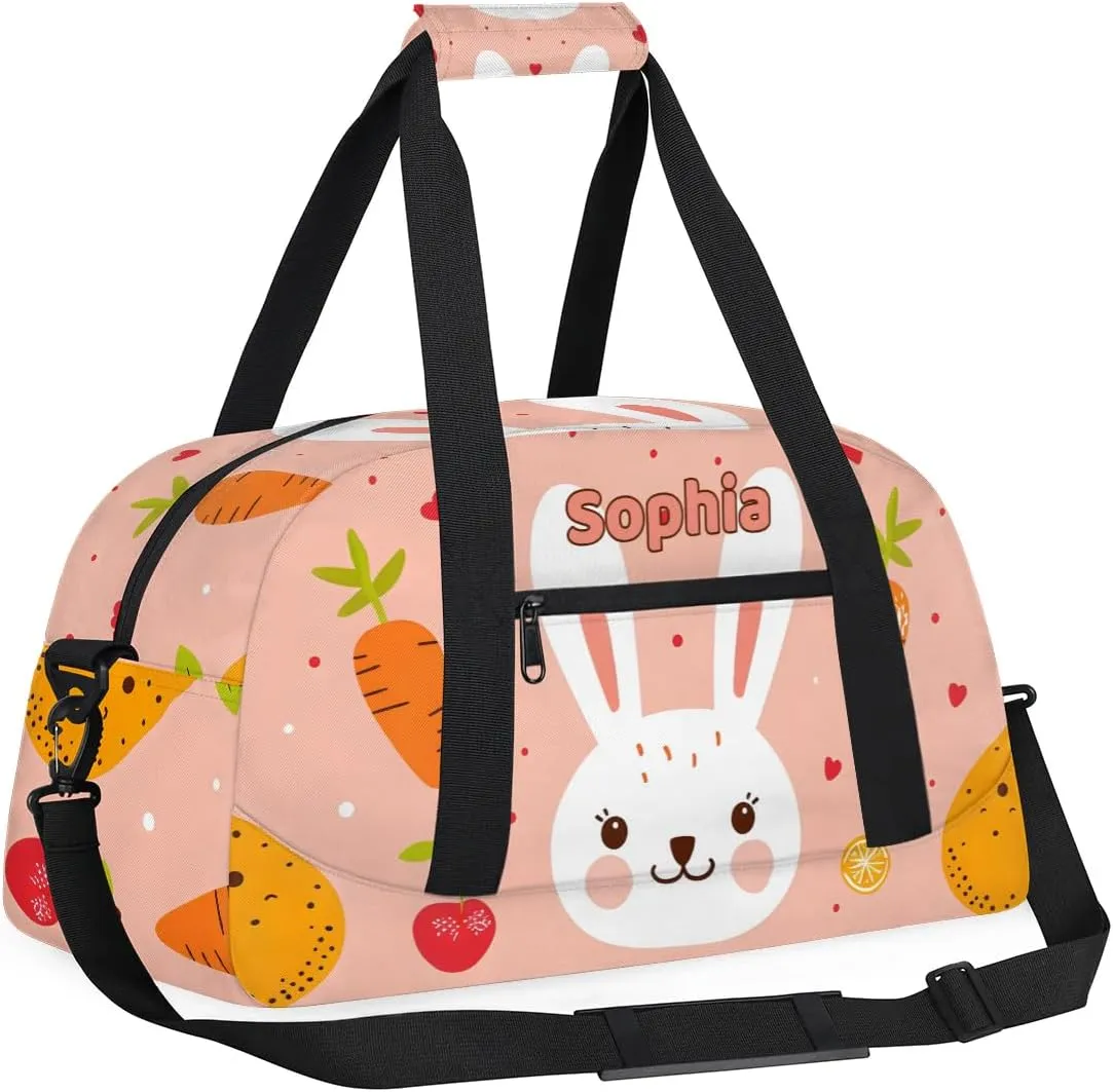 Personalized Kids Sports Duffel Bag with Name Custom Weekender Overnight Bag for Boys Girls Gym Bag Travel Dance Gymnastics Duffel Bag, Cute Rabbit Carrot