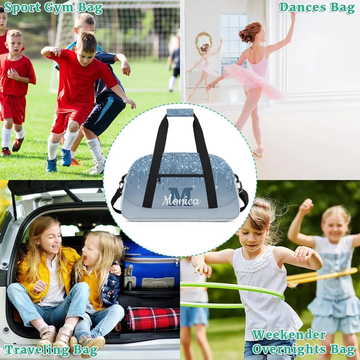 Personalized Kids Sports Duffel Bag with Name Custom Weekender Overnight Bag for Boys Girls Gym Bag Travel Dance Gymnastics Duffel Bag, Cyan Glitter