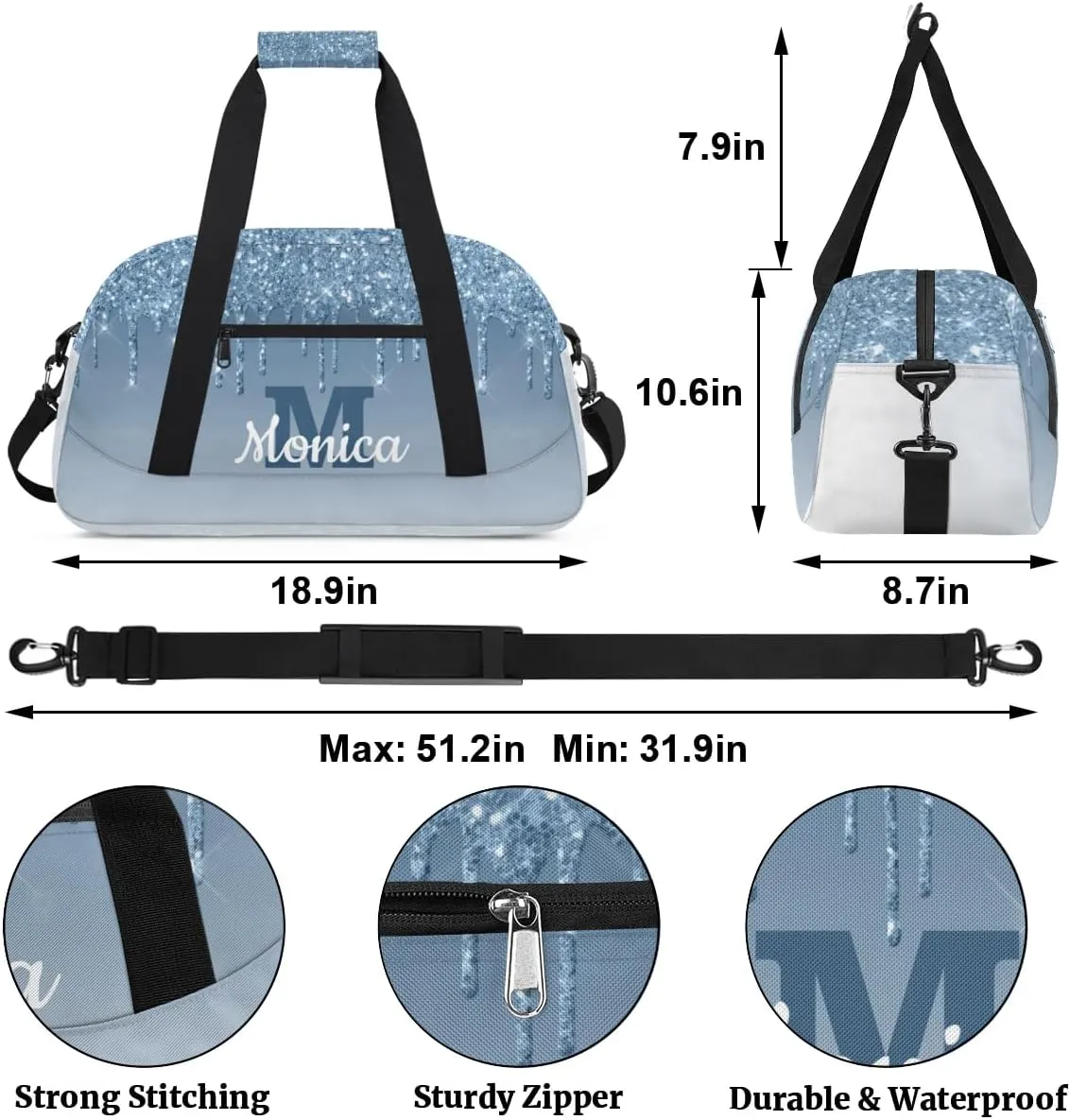 Personalized Kids Sports Duffel Bag with Name Custom Weekender Overnight Bag for Boys Girls Gym Bag Travel Dance Gymnastics Duffel Bag, Cyan Glitter