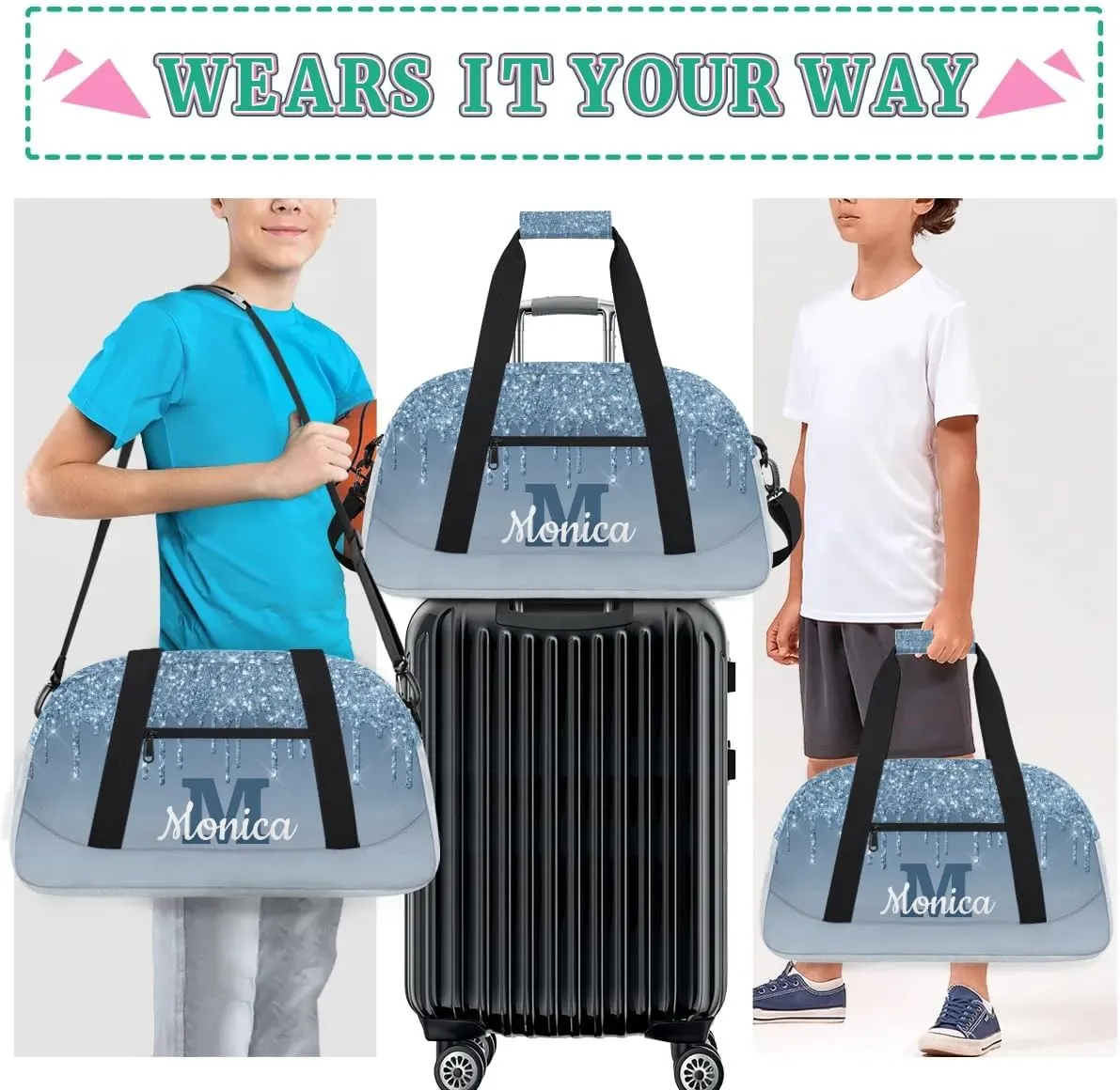 Personalized Kids Sports Duffel Bag with Name Custom Weekender Overnight Bag for Boys Girls Gym Bag Travel Dance Gymnastics Duffel Bag, Cyan Glitter