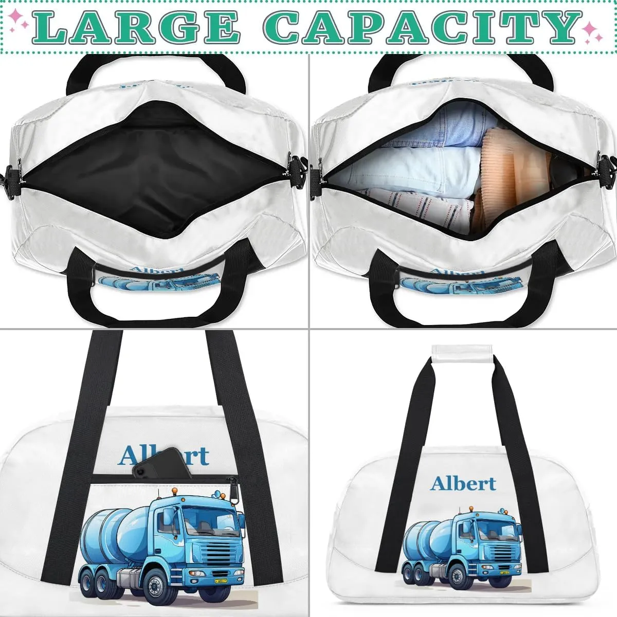 Personalized Kids Sports Duffel Bag with Name Custom Weekender Overnight Bag for Boys Girls Gym Bag Travel Dance Gymnastics Duffel Bag, Engineering Vehicle