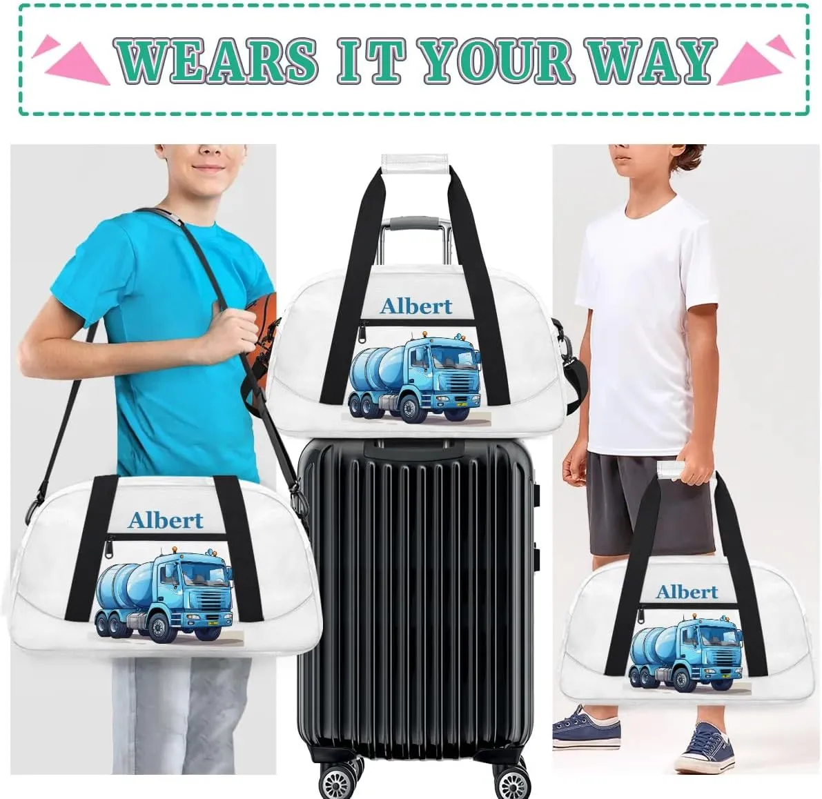 Personalized Kids Sports Duffel Bag with Name Custom Weekender Overnight Bag for Boys Girls Gym Bag Travel Dance Gymnastics Duffel Bag, Engineering Vehicle