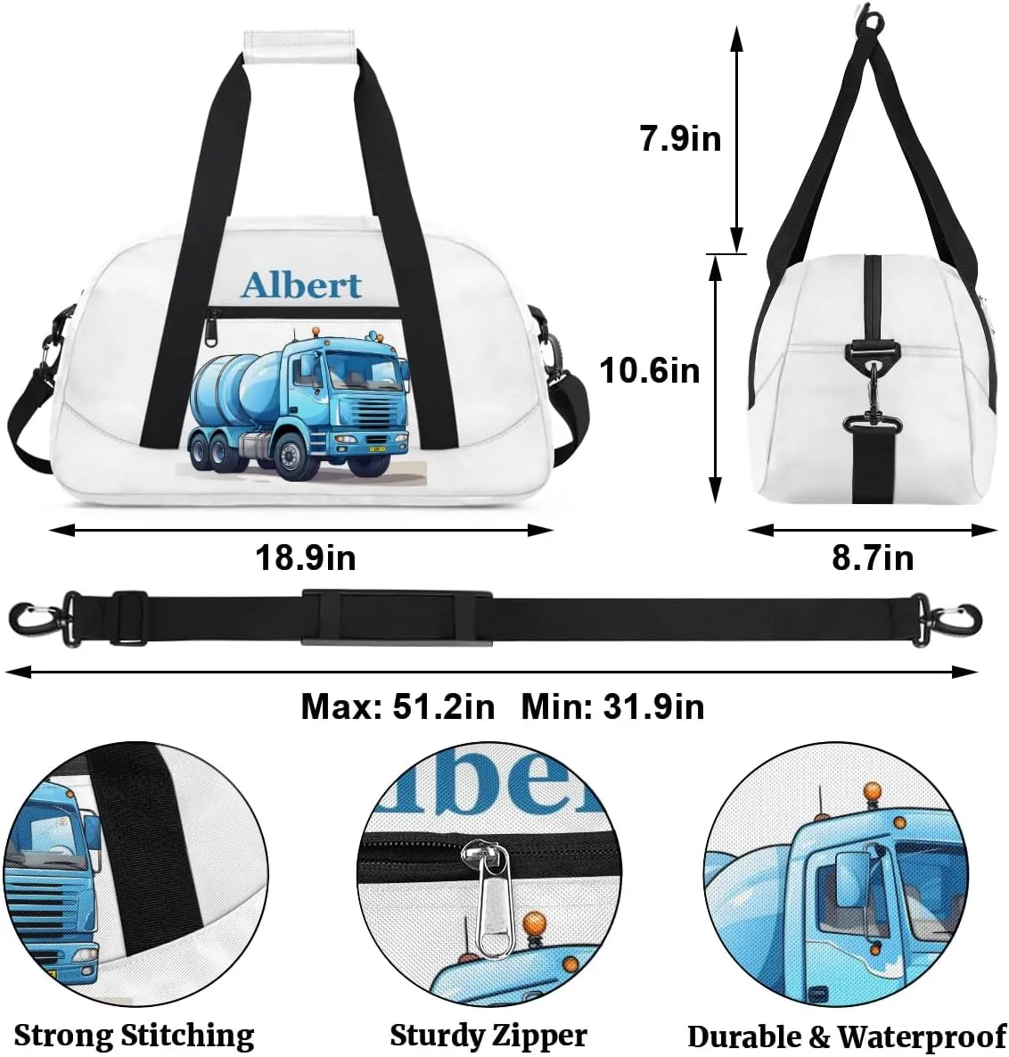 Personalized Kids Sports Duffel Bag with Name Custom Weekender Overnight Bag for Boys Girls Gym Bag Travel Dance Gymnastics Duffel Bag, Engineering Vehicle