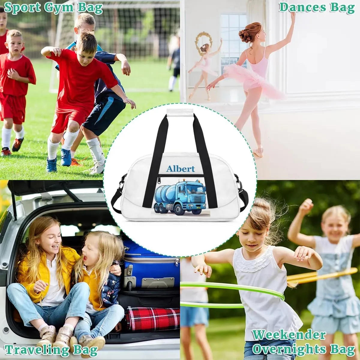 Personalized Kids Sports Duffel Bag with Name Custom Weekender Overnight Bag for Boys Girls Gym Bag Travel Dance Gymnastics Duffel Bag, Engineering Vehicle