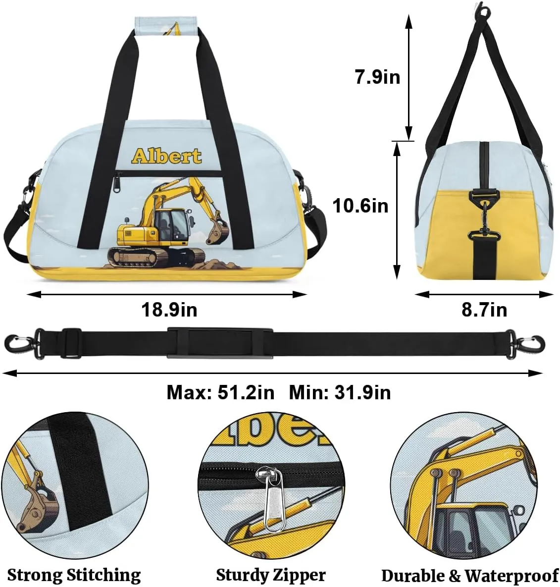 Personalized Kids Sports Duffel Bag with Name Custom Weekender Overnight Bag for Boys Girls Gym Bag Travel Dance Gymnastics Duffel Bag, Excavator Truck