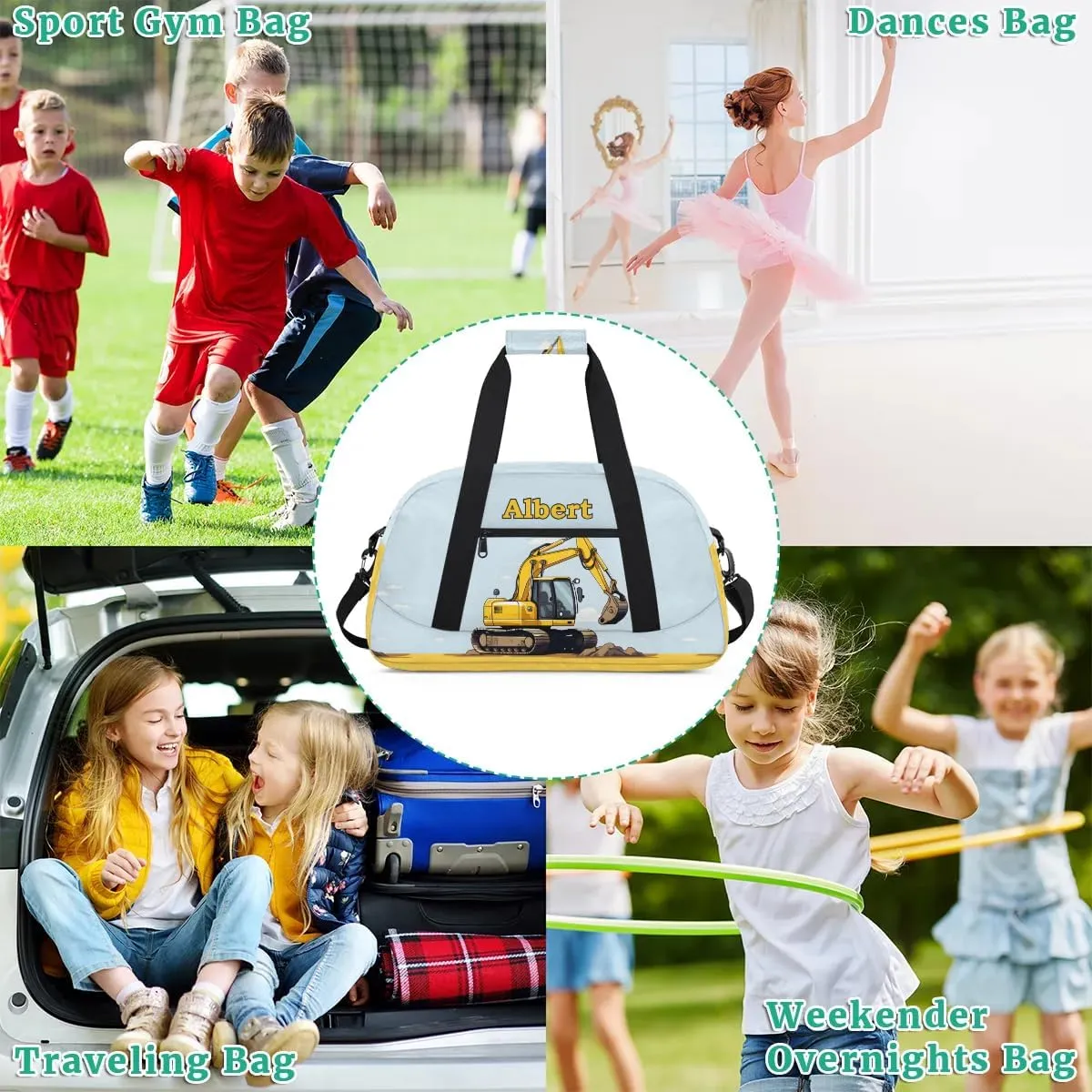 Personalized Kids Sports Duffel Bag with Name Custom Weekender Overnight Bag for Boys Girls Gym Bag Travel Dance Gymnastics Duffel Bag, Excavator Truck