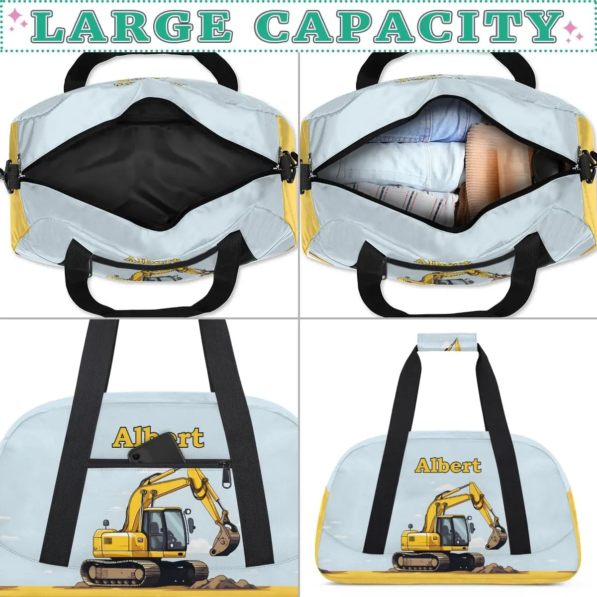 Personalized Kids Sports Duffel Bag with Name Custom Weekender Overnight Bag for Boys Girls Gym Bag Travel Dance Gymnastics Duffel Bag, Excavator Truck