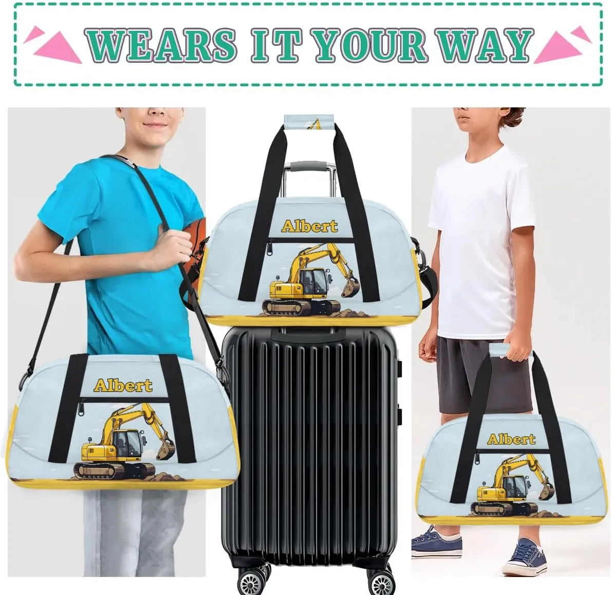 Personalized Kids Sports Duffel Bag with Name Custom Weekender Overnight Bag for Boys Girls Gym Bag Travel Dance Gymnastics Duffel Bag, Excavator Truck