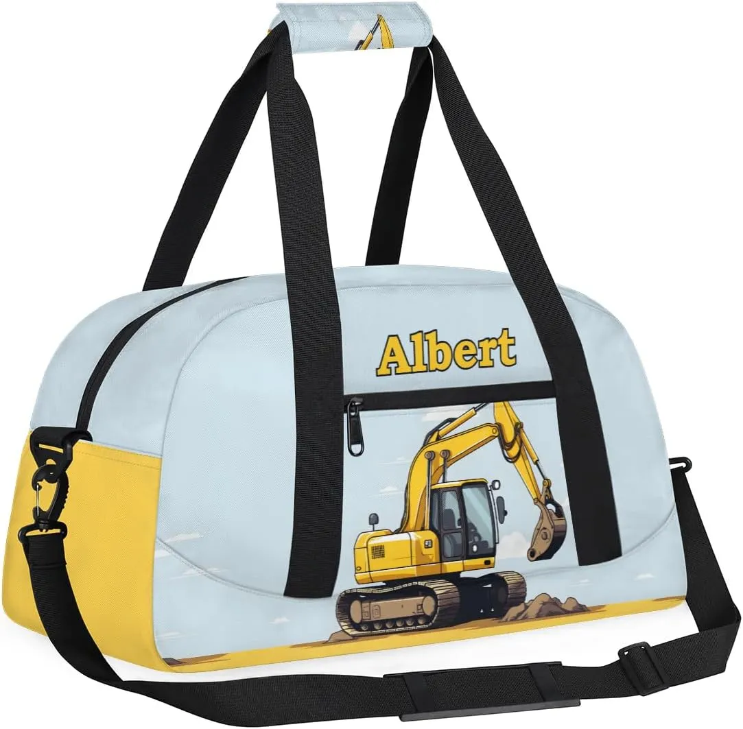Personalized Kids Sports Duffel Bag with Name Custom Weekender Overnight Bag for Boys Girls Gym Bag Travel Dance Gymnastics Duffel Bag, Excavator Truck