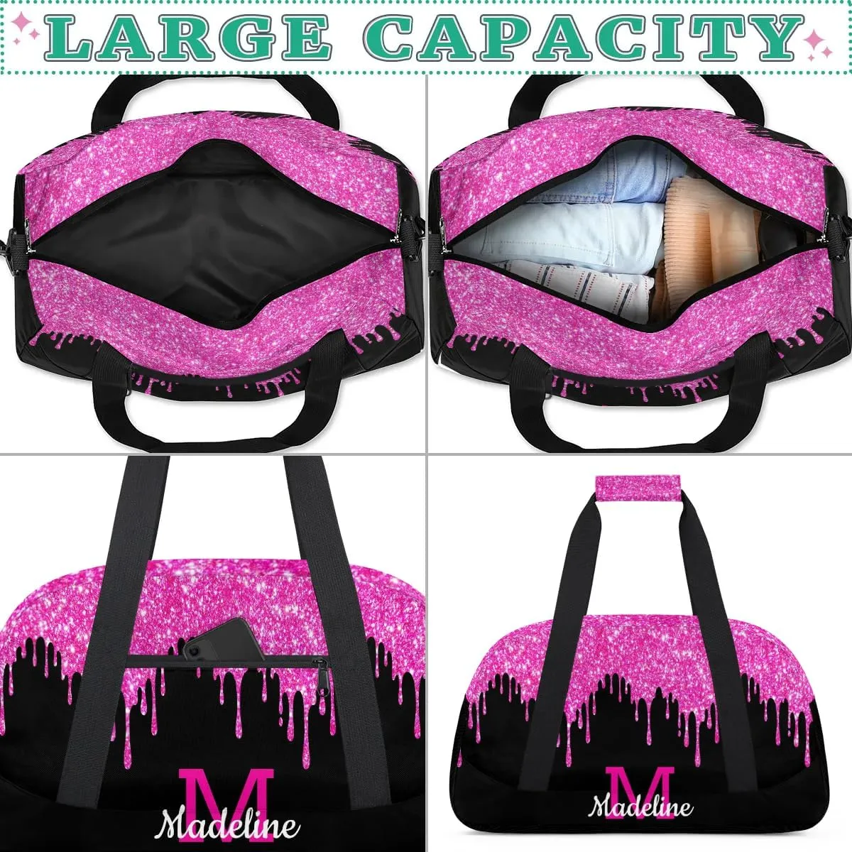 Personalized Kids Sports Duffel Bag with Name Custom Weekender Overnight Bag for Boys Girls Gym Bag Travel Dance Gymnastics Duffel Bag, HotPink Glitter
