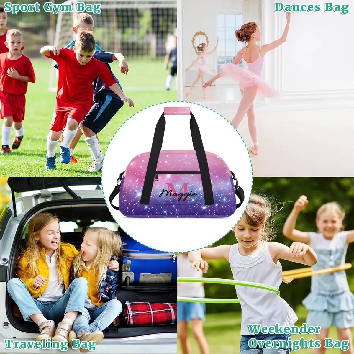 Personalized Kids Sports Duffel Bag with Name Custom Weekender Overnight Bag for Boys Girls Gym Bag Travel Dance Gymnastics Duffel Bag, Pink Purple Glitter