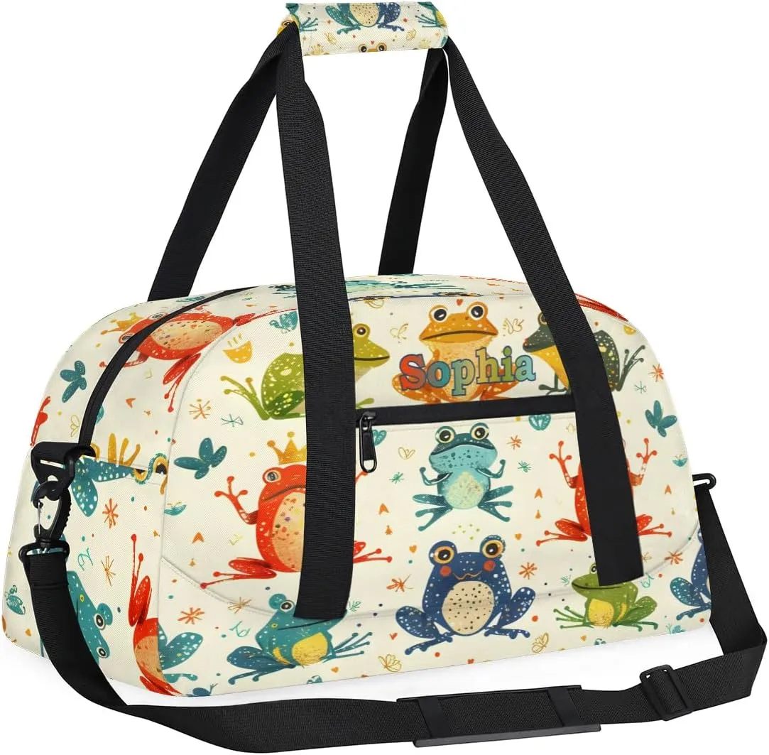 Personalized Kids Sports Duffel Bag with Name Custom Weekender Overnight Bag for Boys Girls Gym Bag Travel Dance Gymnastics Duffel Bag, Rainbow Frog