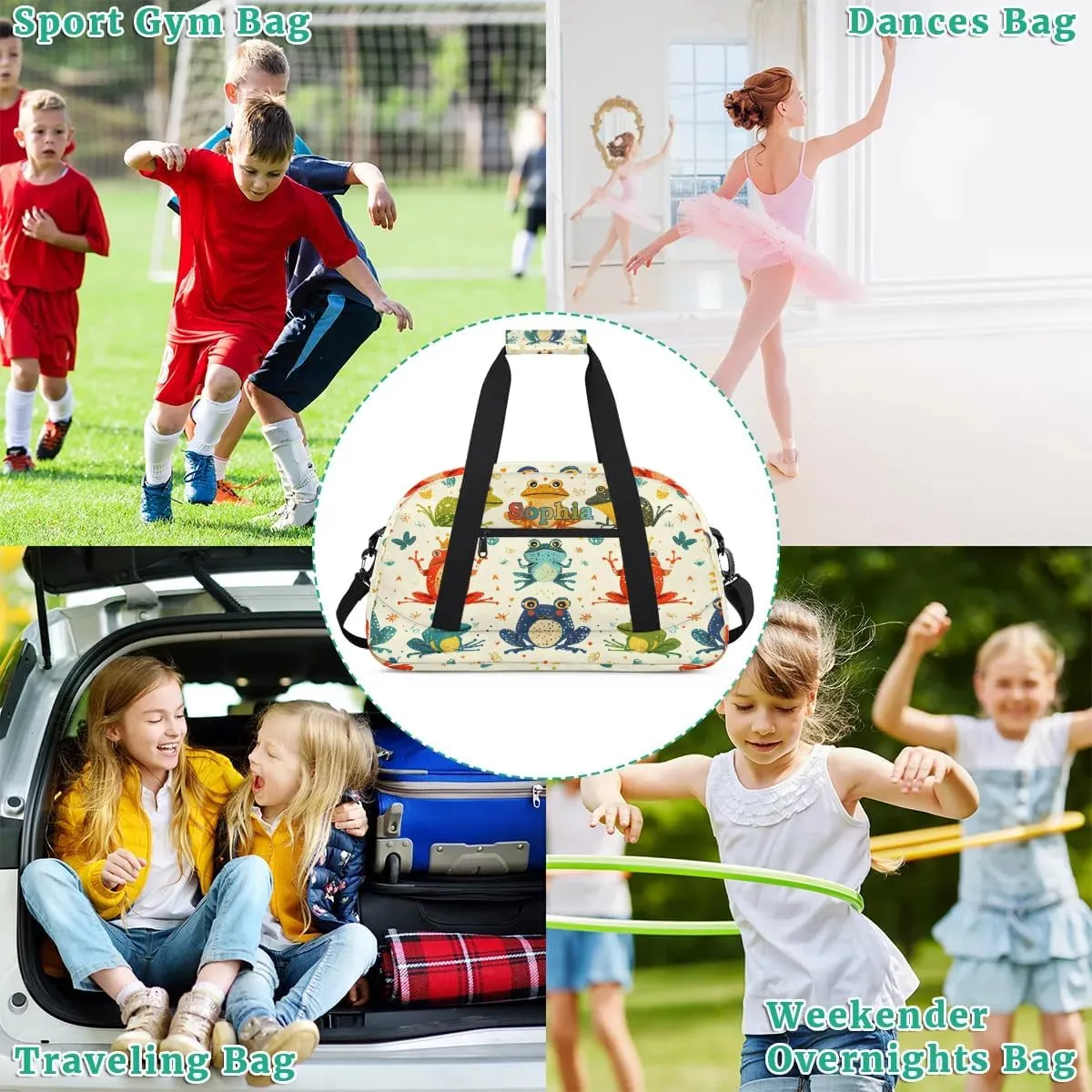 Personalized Kids Sports Duffel Bag with Name Custom Weekender Overnight Bag for Boys Girls Gym Bag Travel Dance Gymnastics Duffel Bag, Rainbow Frog