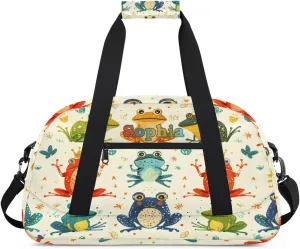 Personalized Kids Sports Duffel Bag with Name Custom Weekender Overnight Bag for Boys Girls Gym Bag Travel Dance Gymnastics Duffel Bag, Rainbow Frog
