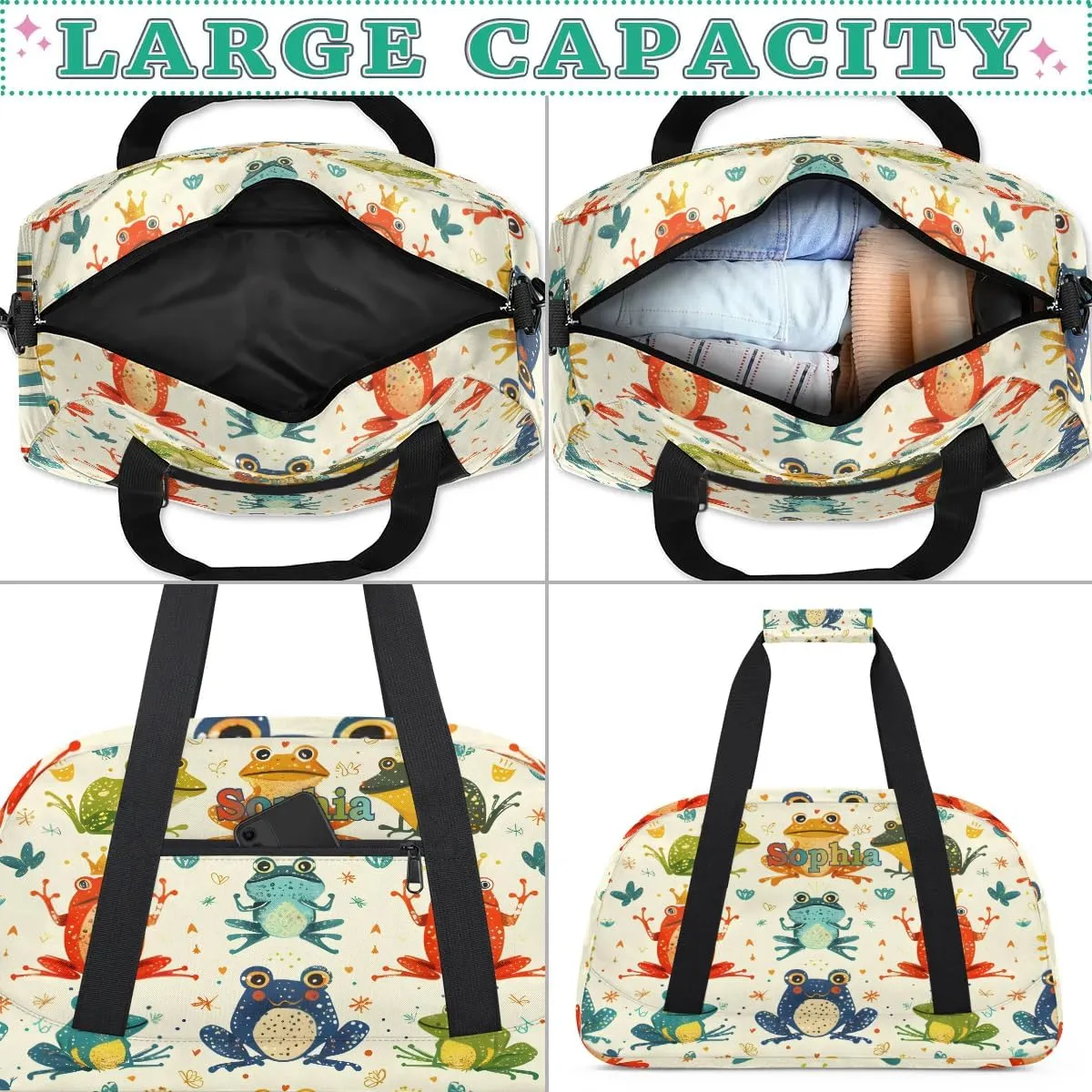 Personalized Kids Sports Duffel Bag with Name Custom Weekender Overnight Bag for Boys Girls Gym Bag Travel Dance Gymnastics Duffel Bag, Rainbow Frog
