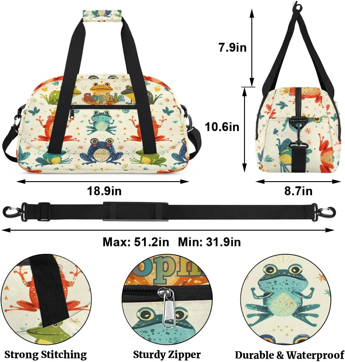 Personalized Kids Sports Duffel Bag with Name Custom Weekender Overnight Bag for Boys Girls Gym Bag Travel Dance Gymnastics Duffel Bag, Rainbow Frog