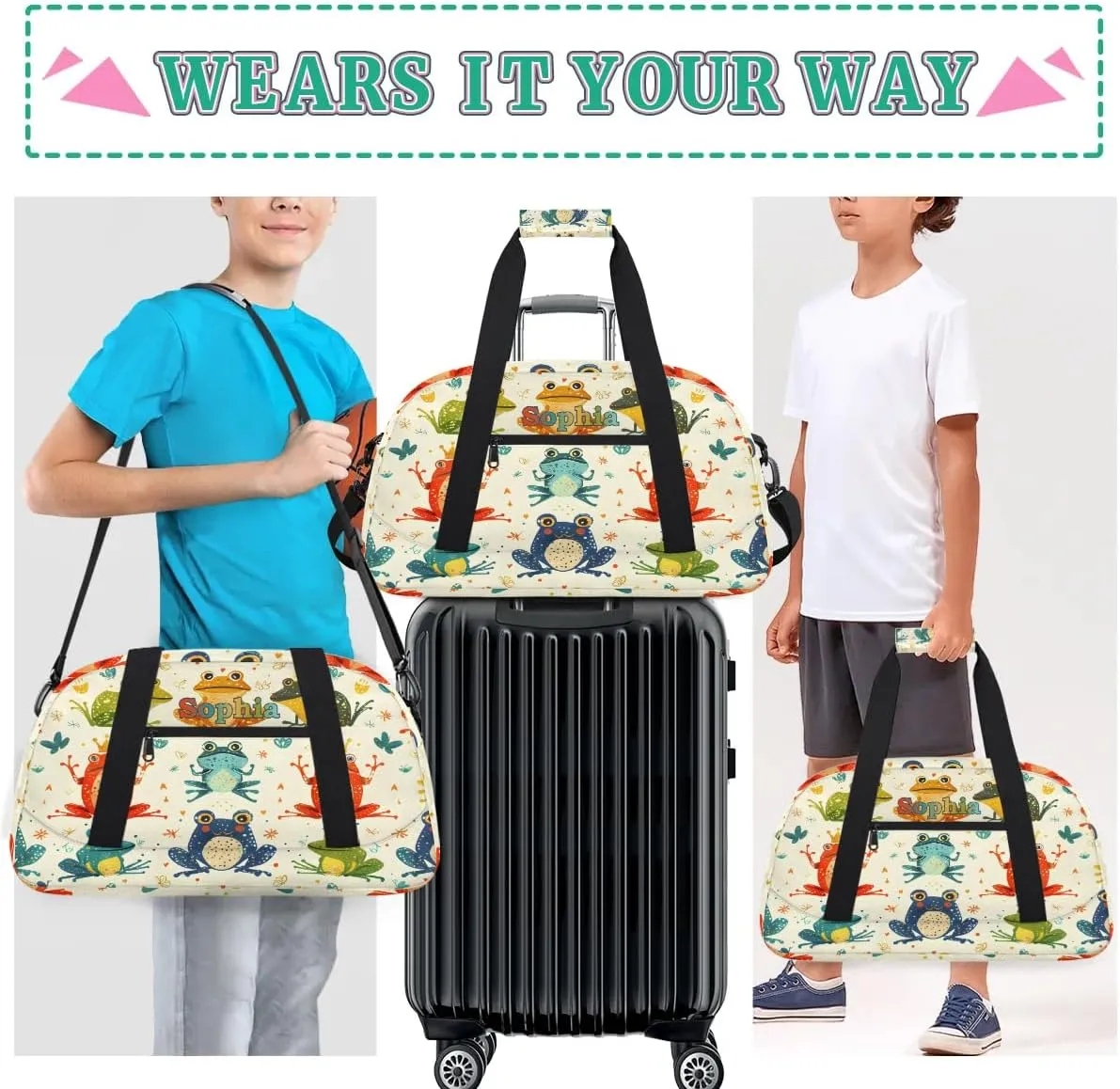 Personalized Kids Sports Duffel Bag with Name Custom Weekender Overnight Bag for Boys Girls Gym Bag Travel Dance Gymnastics Duffel Bag, Rainbow Frog