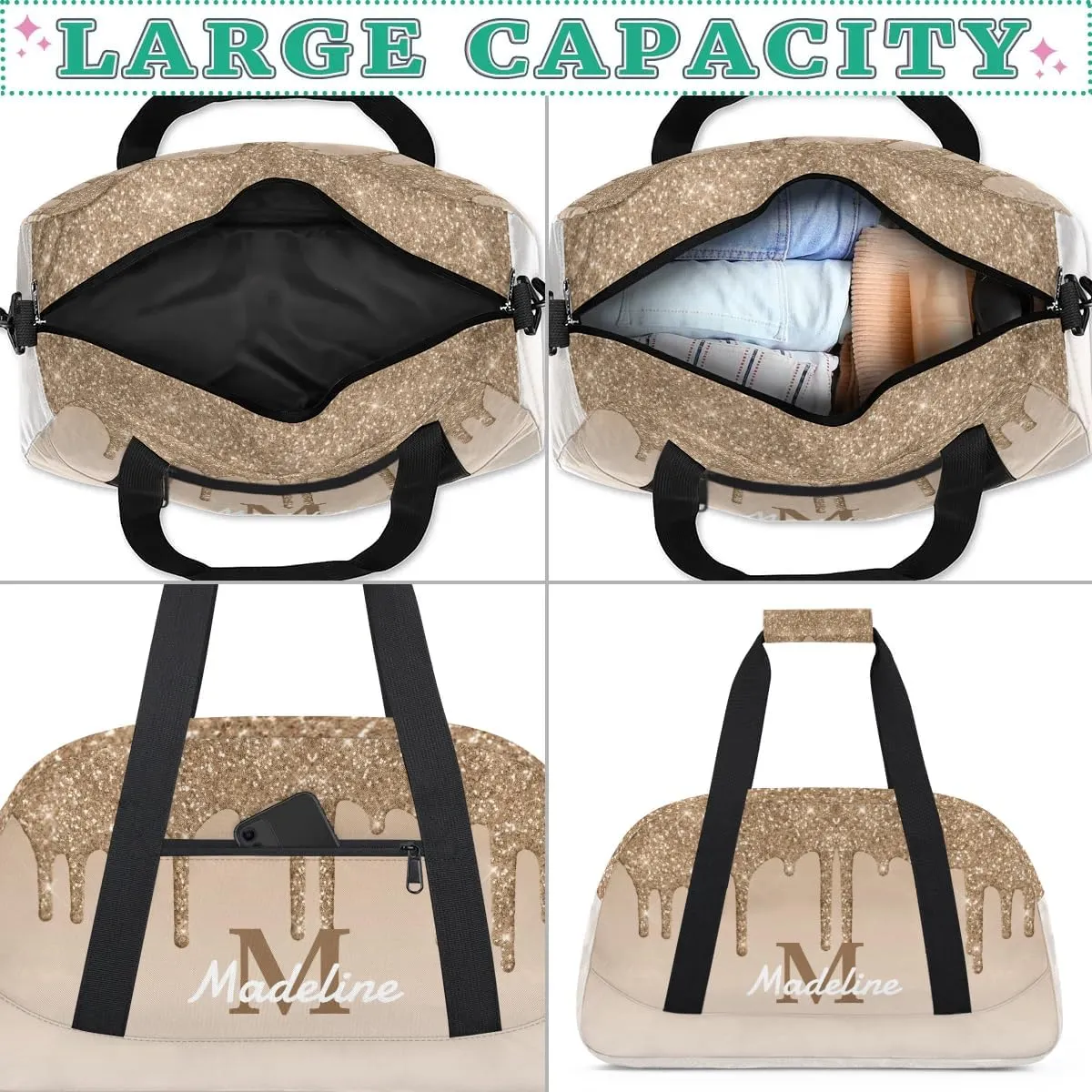Personalized Kids Sports Duffel Bag with Name Custom Weekender Overnight Bag for Boys Girls Gym Bag Travel Dance Gymnastics Duffel Bag, Tan Glitter
