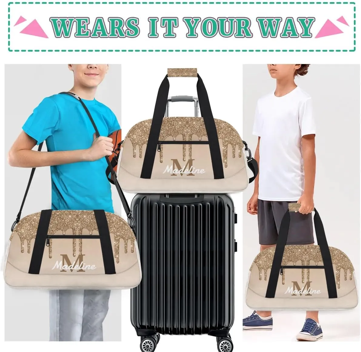 Personalized Kids Sports Duffel Bag with Name Custom Weekender Overnight Bag for Boys Girls Gym Bag Travel Dance Gymnastics Duffel Bag, Tan Glitter
