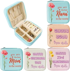 Personalized Mini Travel Jewelry Organizer, Customized Small Case With Initials, Gift for Women & Girls (Flower & Text)