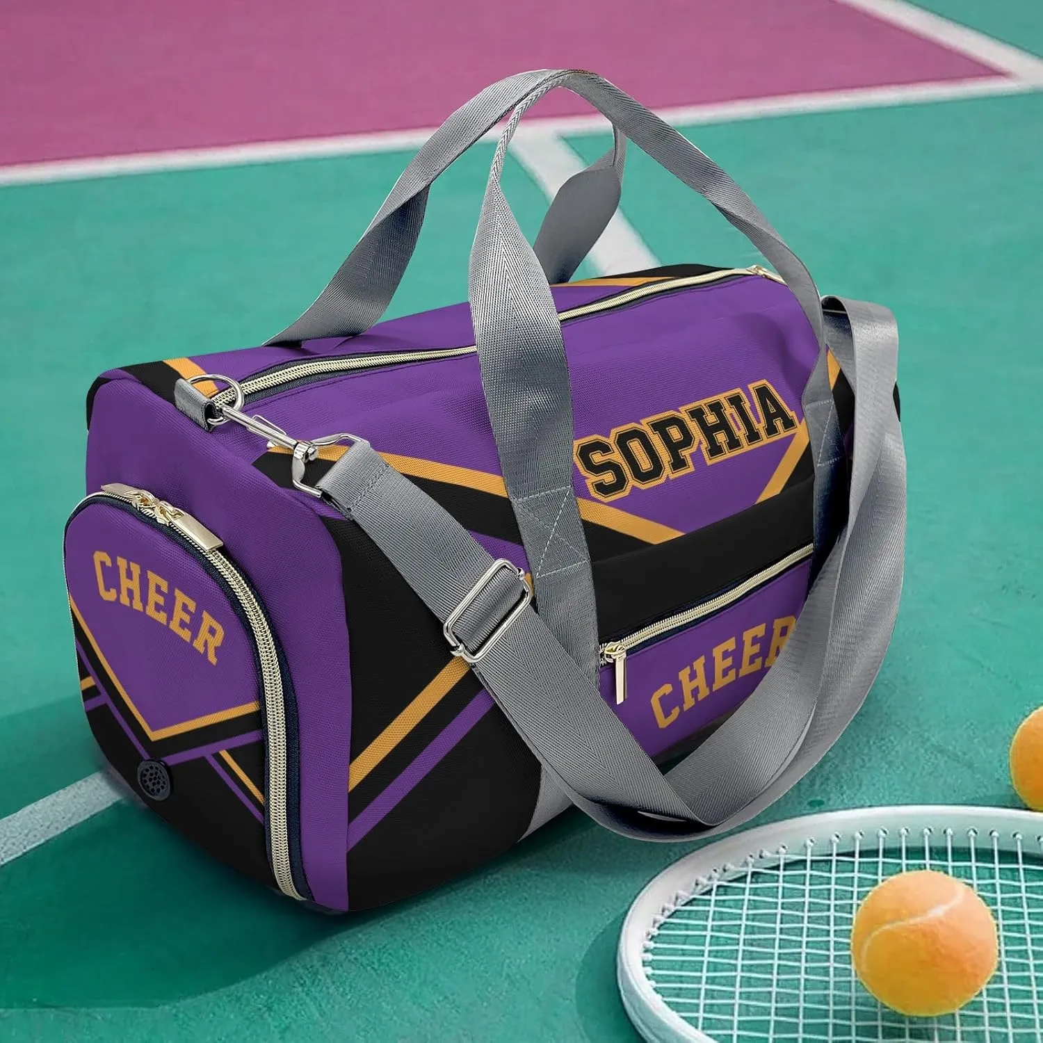 Personalized Multi-Function Travel Cheer Black Purple Cheerleader Duffel Handbag Large Capacity Women Men Gym Yoga Ballet with Name