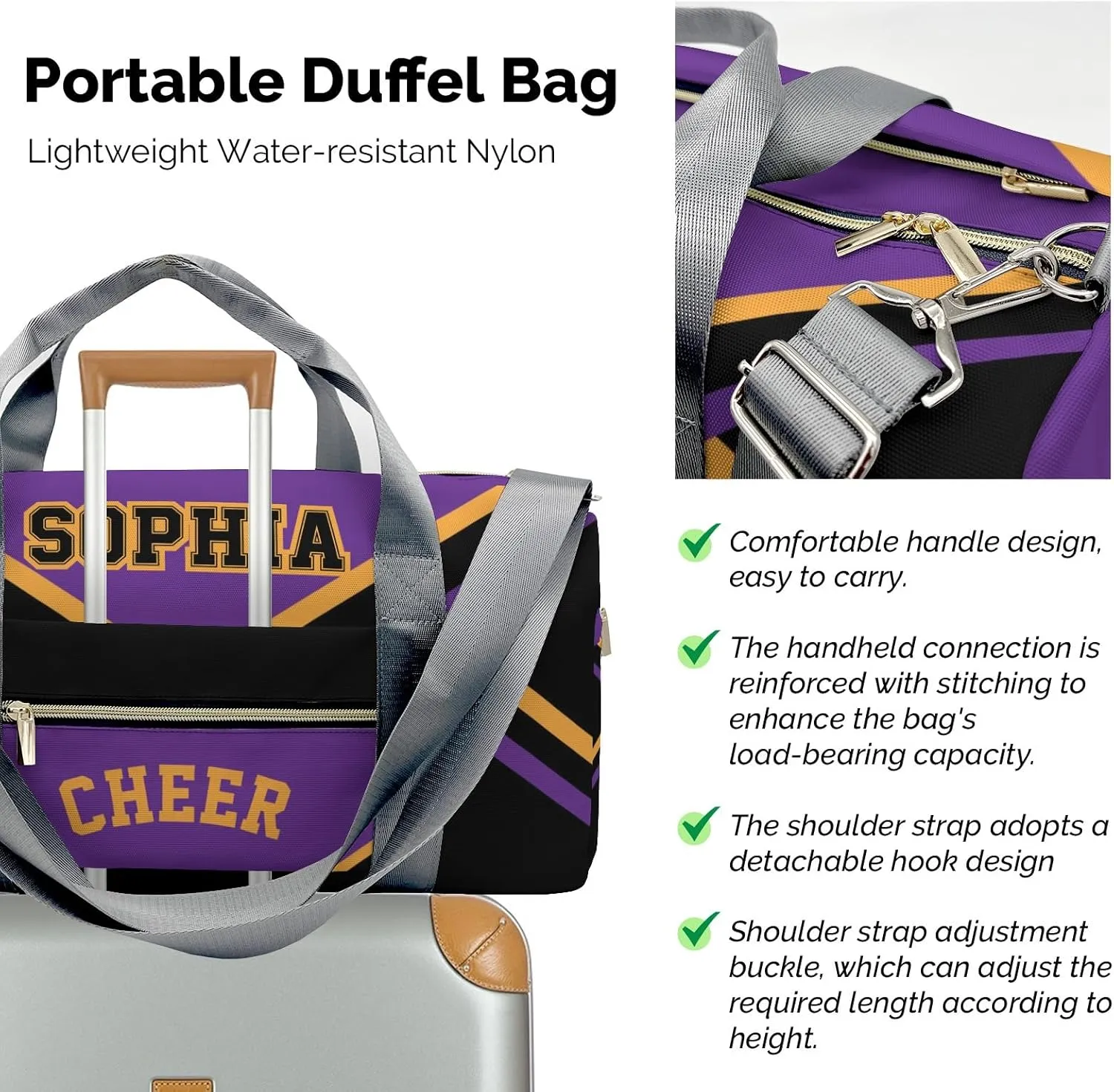 Personalized Multi-Function Travel Cheer Black Purple Cheerleader Duffel Handbag Large Capacity Women Men Gym Yoga Ballet with Name