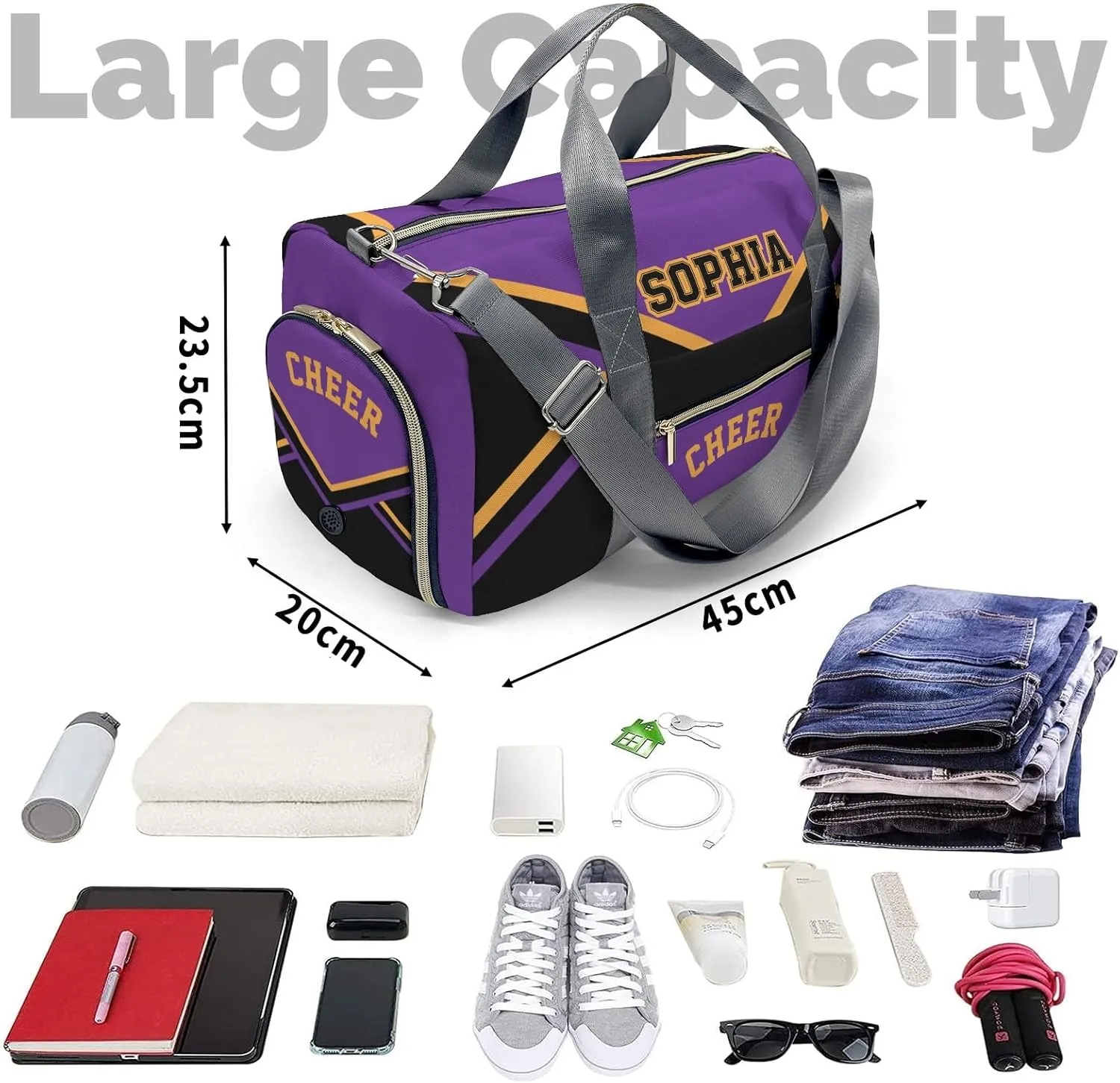 Personalized Multi-Function Travel Cheer Black Purple Cheerleader Duffel Handbag Large Capacity Women Men Gym Yoga Ballet with Name