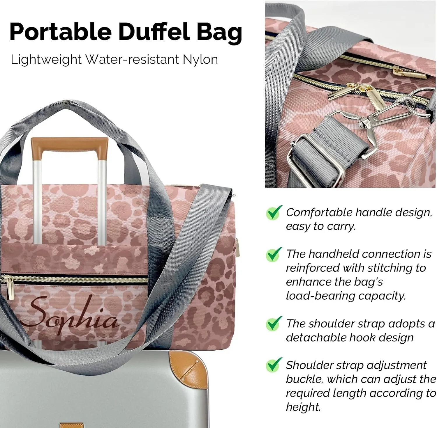 Personalized Name Duffel Bag Pink Rose Glod Leopards On-the-Go Fitness: Travel Bags Designed for Active Living