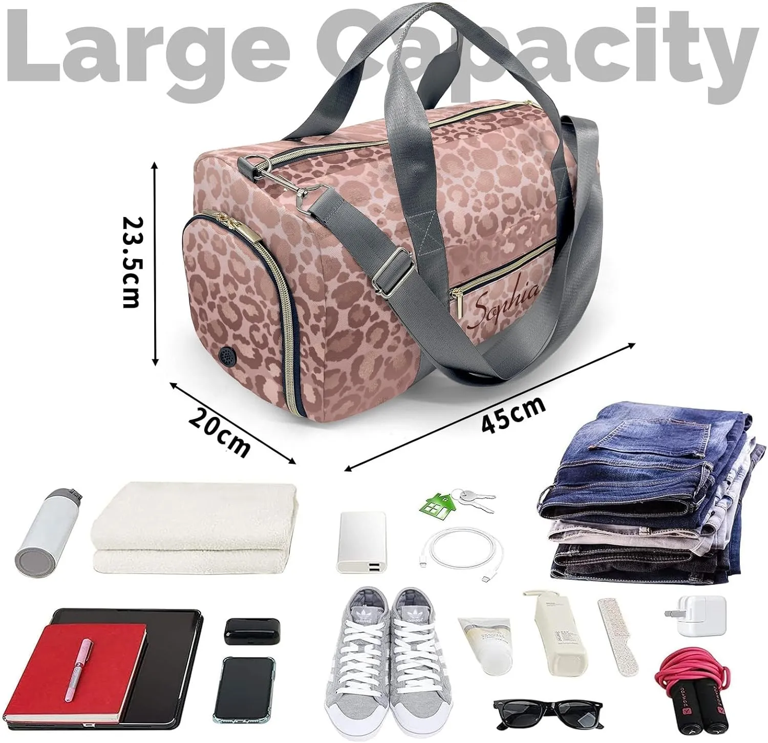 Personalized Name Duffel Bag Pink Rose Glod Leopards On-the-Go Fitness: Travel Bags Designed for Active Living