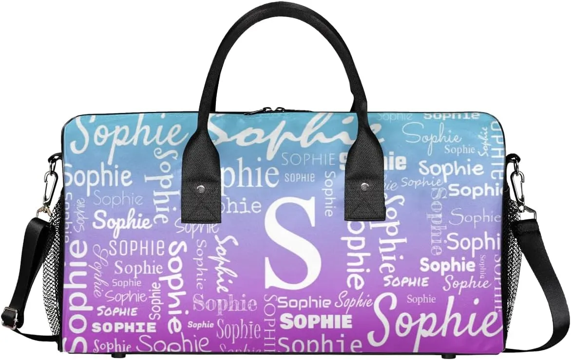 Personalized Name Sport Duffel Bag with Initial, Custom Gym Bag Dance Duffel Bag for Women, Monogrammed Gifts Customized Overnight Weekender Bag, Blue Purple Gradient