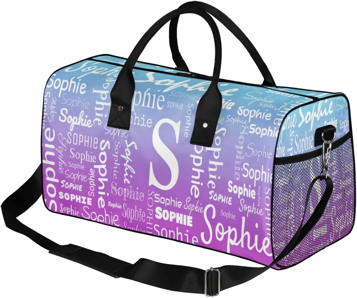 Personalized Name Sport Duffel Bag with Initial, Custom Gym Bag Dance Duffel Bag for Women, Monogrammed Gifts Customized Overnight Weekender Bag, Blue Purple Gradient