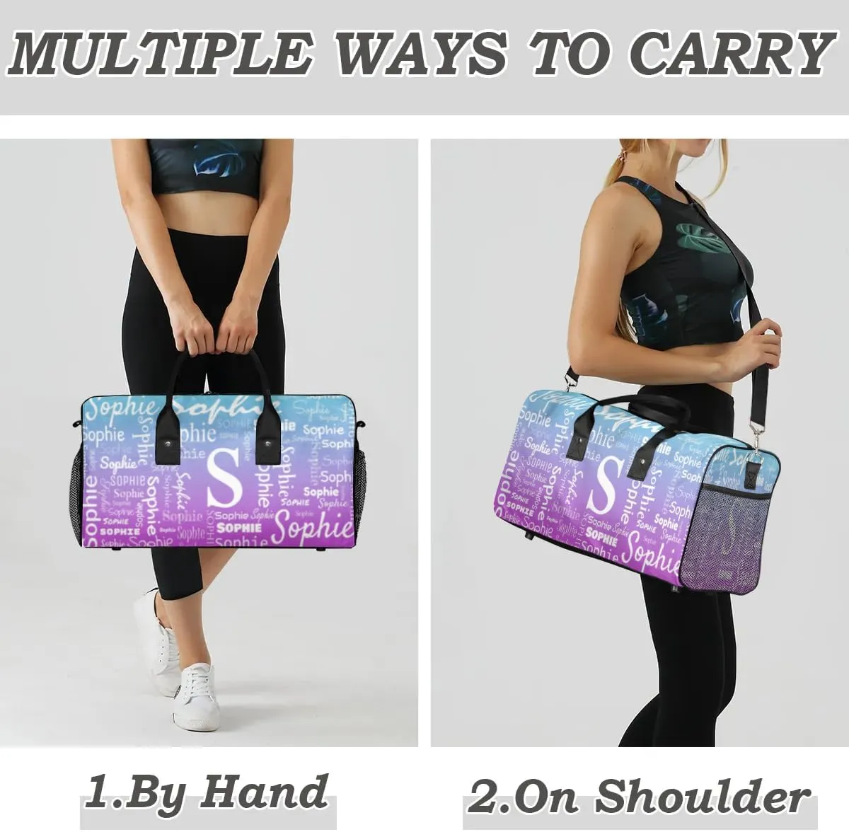 Personalized Name Sport Duffel Bag with Initial, Custom Gym Bag Dance Duffel Bag for Women, Monogrammed Gifts Customized Overnight Weekender Bag, Blue Purple Gradient