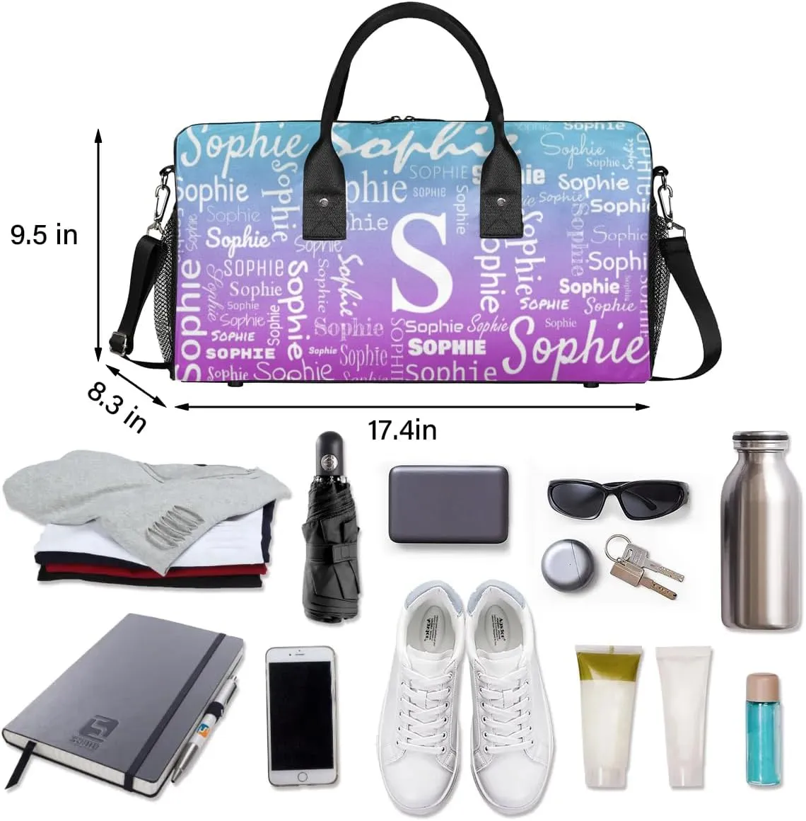 Personalized Name Sport Duffel Bag with Initial, Custom Gym Bag Dance Duffel Bag for Women, Monogrammed Gifts Customized Overnight Weekender Bag, Blue Purple Gradient