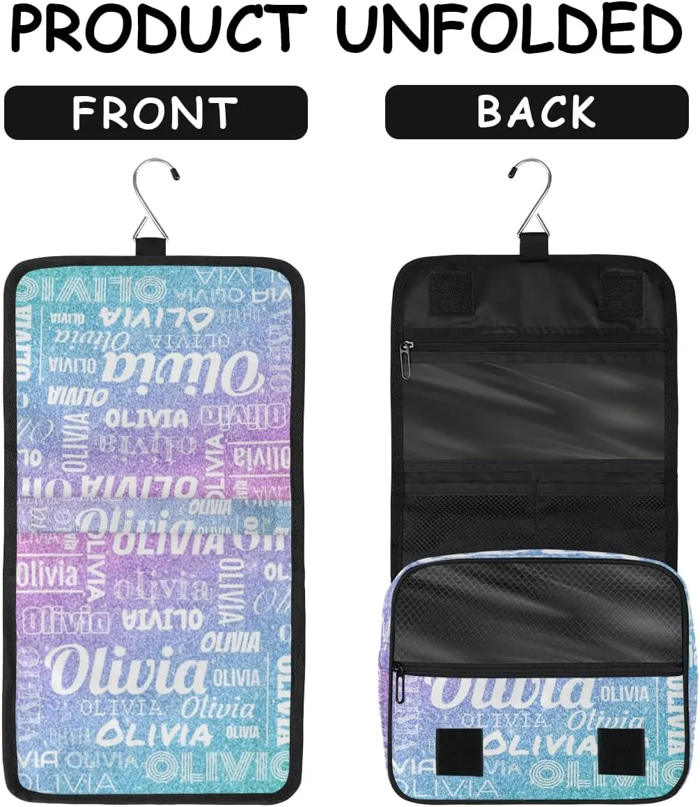 Personalized Name Travel Makeup Bag with Hanging Hook Custom Toiletry Bag Travel Cosmetics Case Waterproof for Women Men Accessories, Gradient Blue