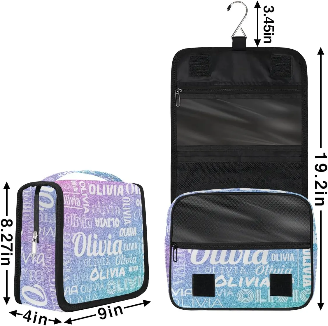 Personalized Name Travel Makeup Bag with Hanging Hook Custom Toiletry Bag Travel Cosmetics Case Waterproof for Women Men Accessories, Gradient Blue