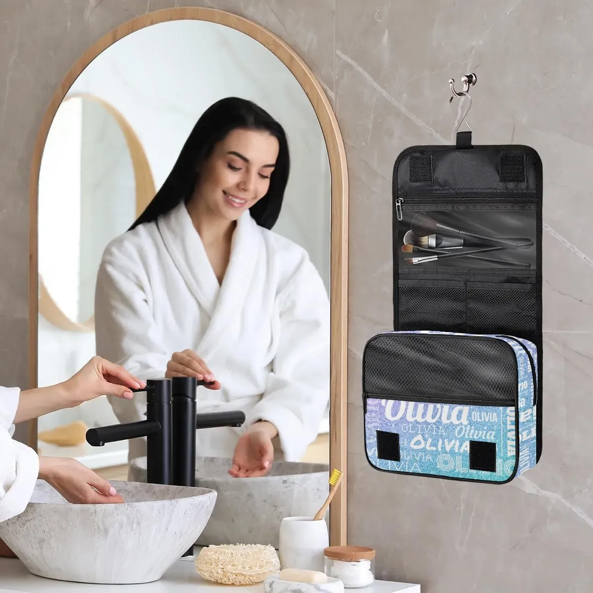 Personalized Name Travel Makeup Bag with Hanging Hook Custom Toiletry Bag Travel Cosmetics Case Waterproof for Women Men Accessories, Gradient Blue