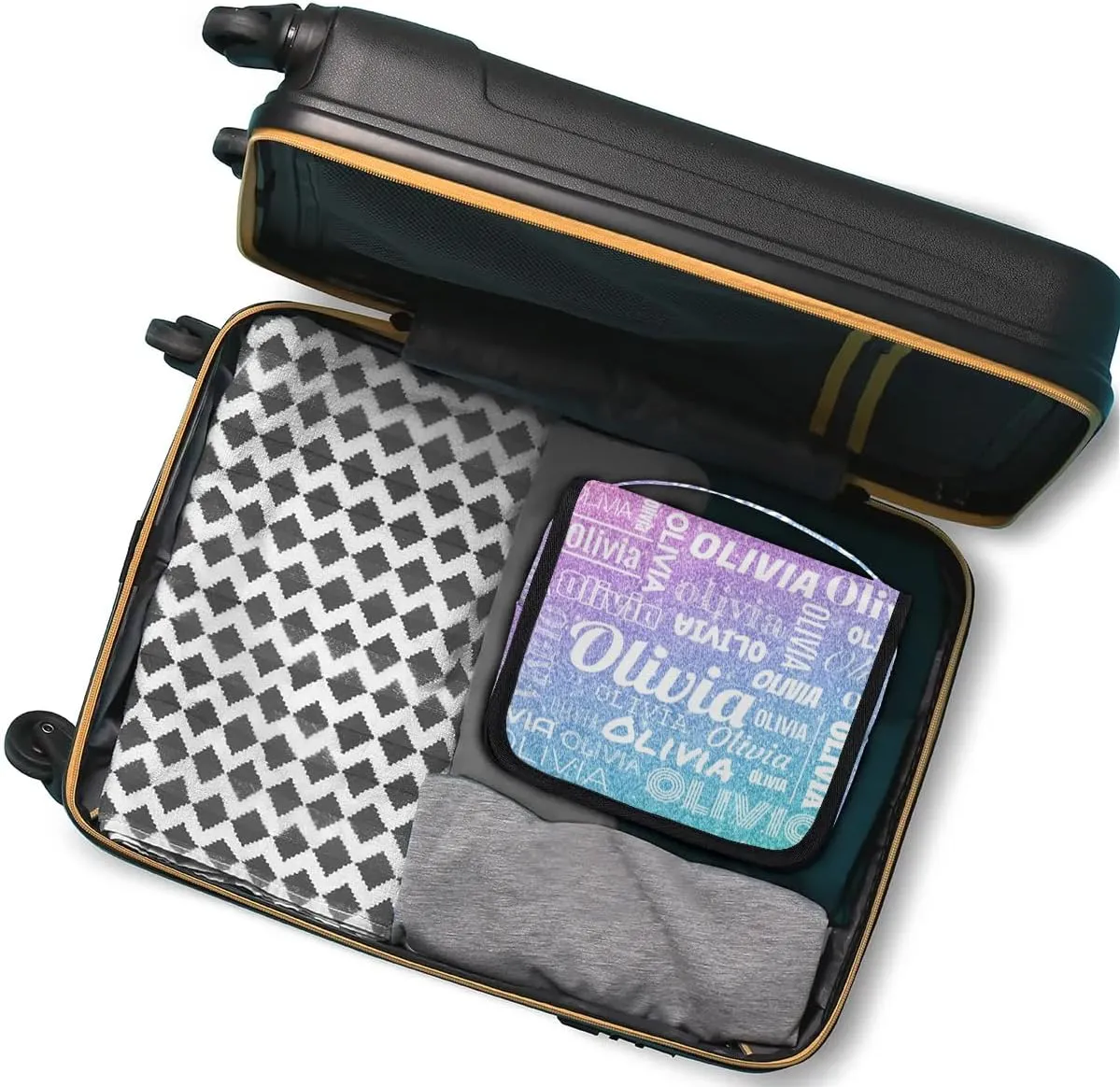Personalized Name Travel Makeup Bag with Hanging Hook Custom Toiletry Bag Travel Cosmetics Case Waterproof for Women Men Accessories, Gradient Blue